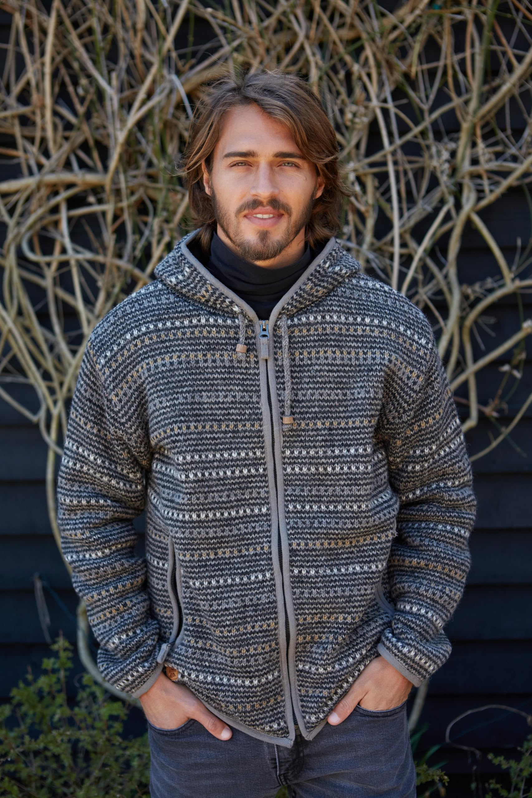 Pachamama Sudadera con capucha de lana con cremallera para hombre, forro polar, tejida a mano, rayas rugosas, color carbón, hecha a mano, gruesa, térmica, bolsillos extra cálidos, chaqueta con capucha