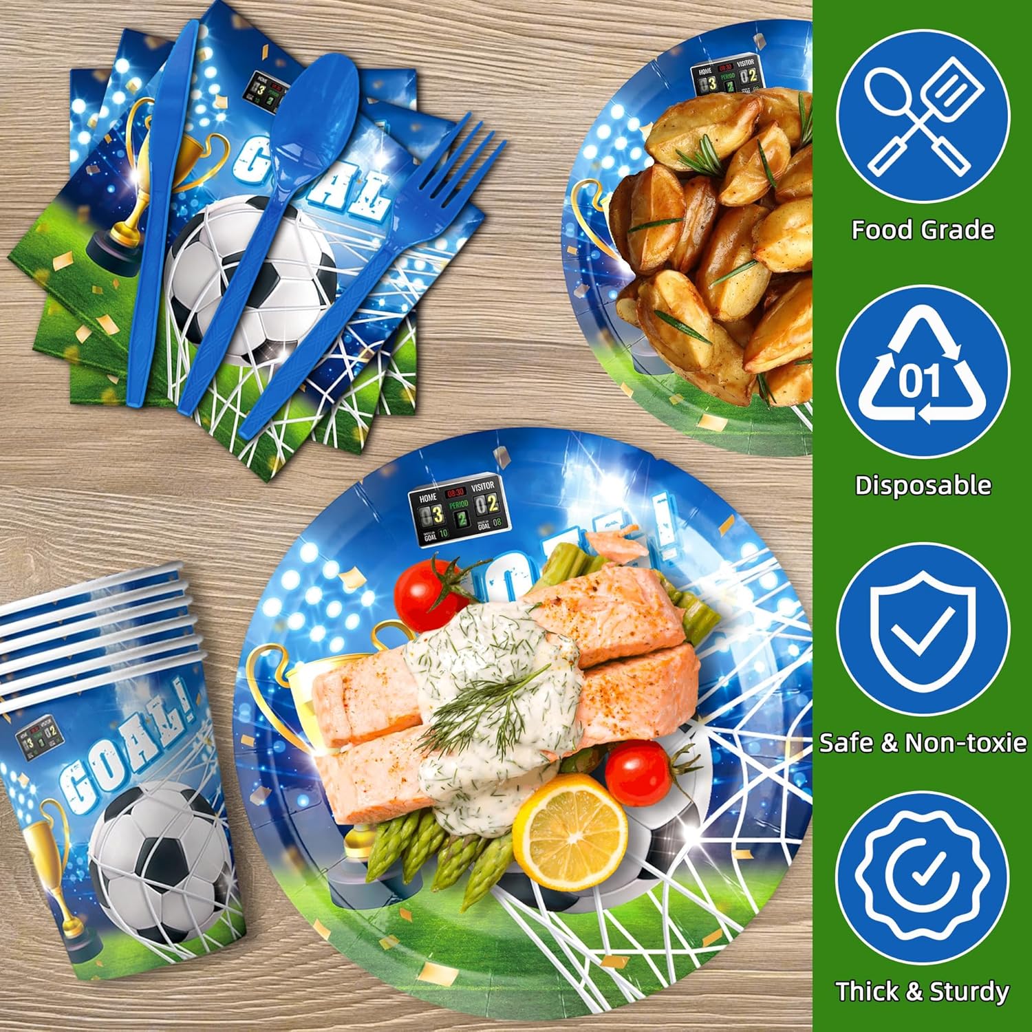 90 Pcs Soccer Champion Happy Birthday Party Supplies Disposable Tableware Set Included Plates, Cutlery, Cups, Napkins, Cake Toppers, Tablecloth, Banner - Serves 10 - Image 4