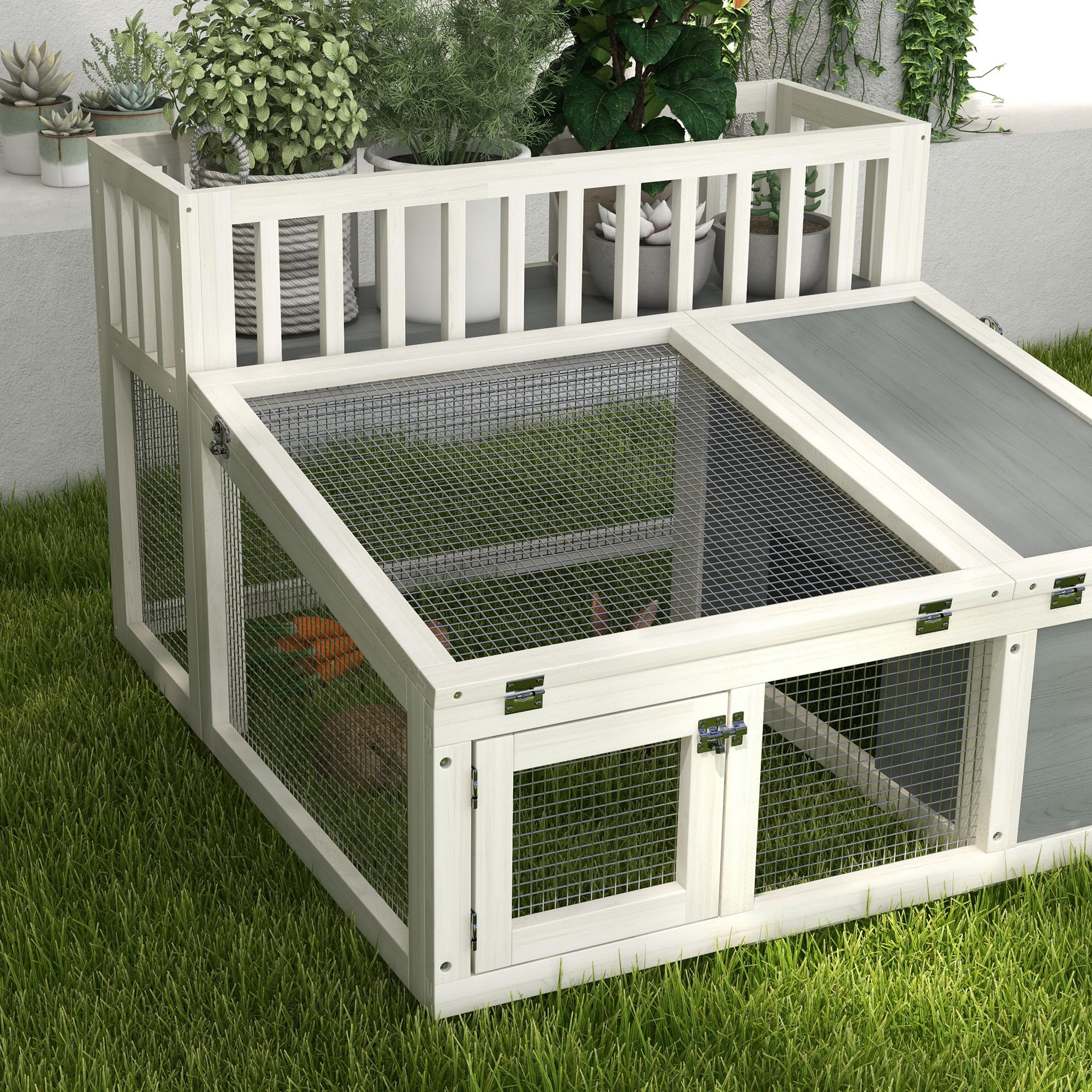 PawHut Clapier, Cage à Lapin en Bois avec étagère pour Plantes Grand Espace en Bois, Plusieurs Portes - Dim. 94L x 90l x 60H cm - Gris et Blanc