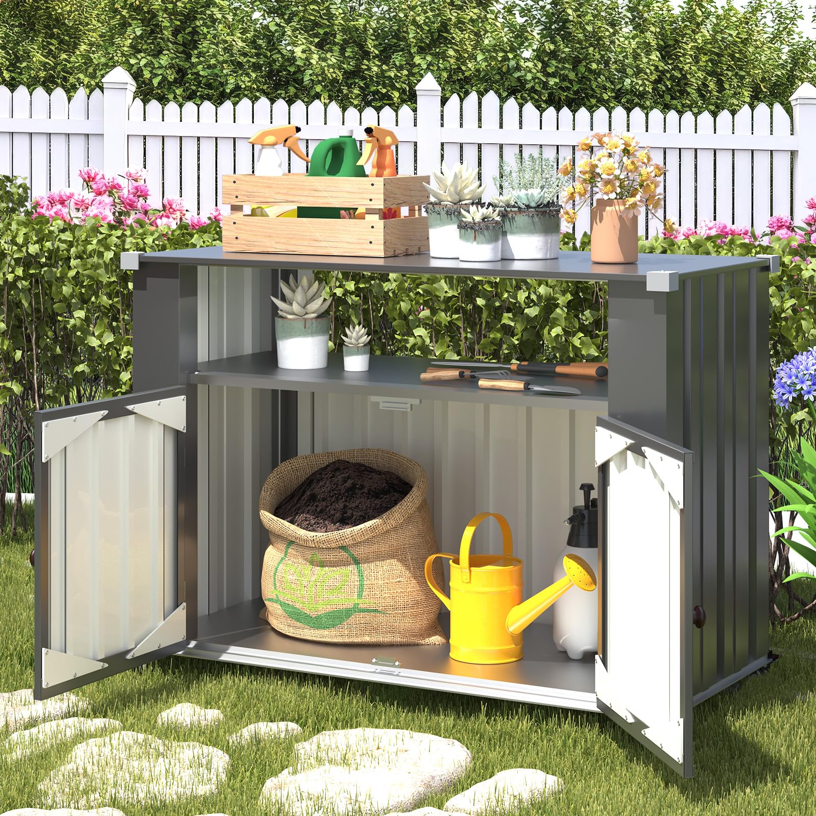 YODOLLA Mobiler Pflanztisch mit abschließbaren Rollen – Wetterschutz Kleiner Gartenschrank für draußen, doppeltüriger Schrank, beweglicher Aufbewahrungsschrank für Terrasse, Balkon, Garten, Grau