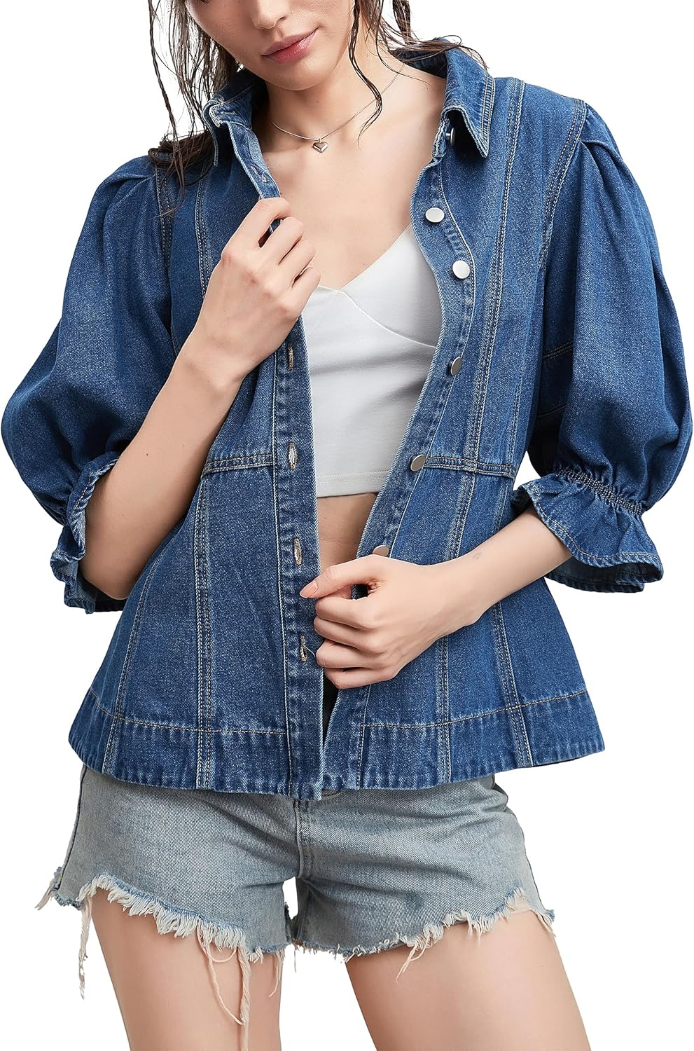 D-Sun Women Short Sleeves Denim Shirt V-Neck Puff Sleeve Button Down Jean Shirt Jacket Fashion Collared Denim Top Blouse