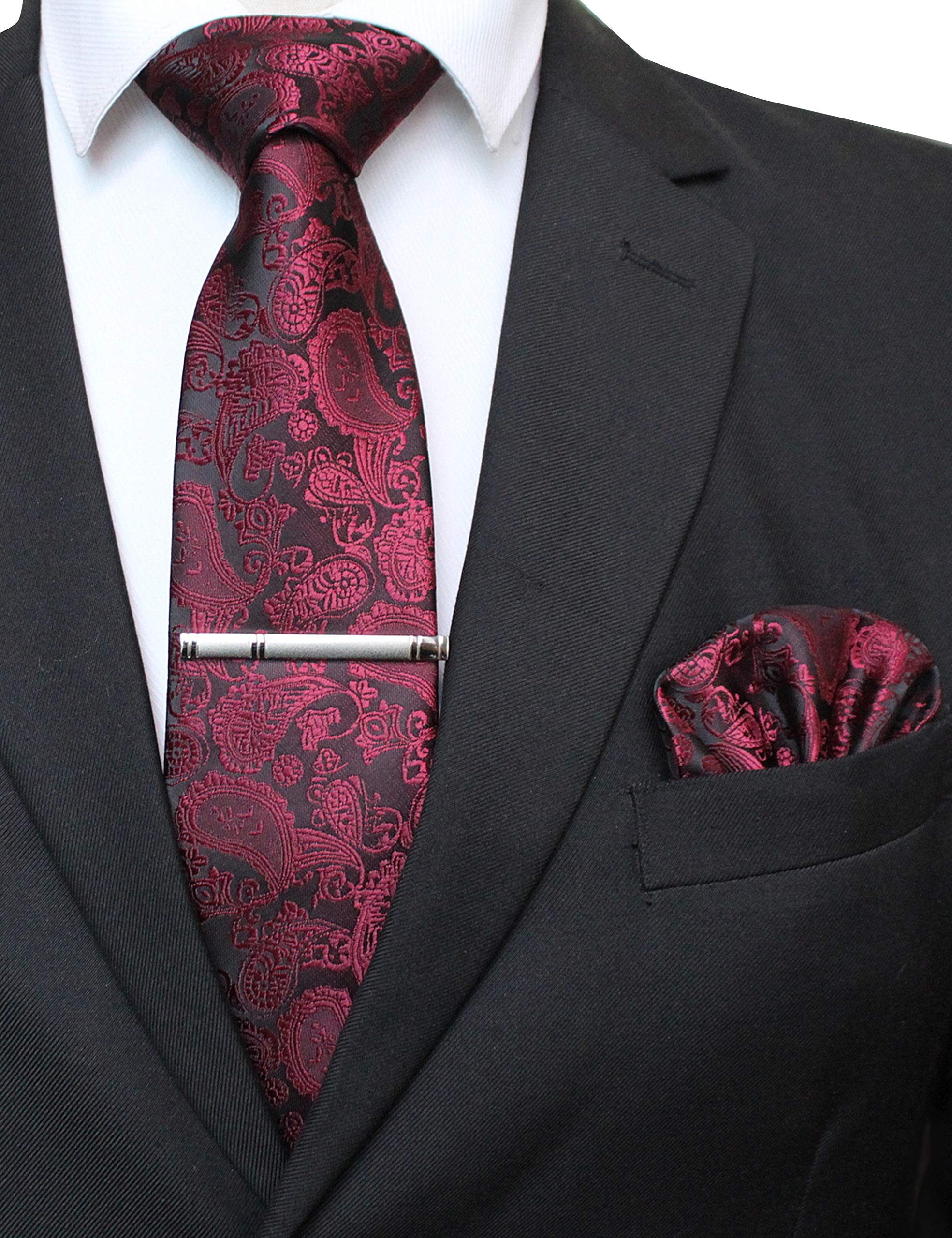 Image secondaire de Ensemble Cravate en Soie Rouge Foncé avec Pinces et Pochette - JEMYGINS