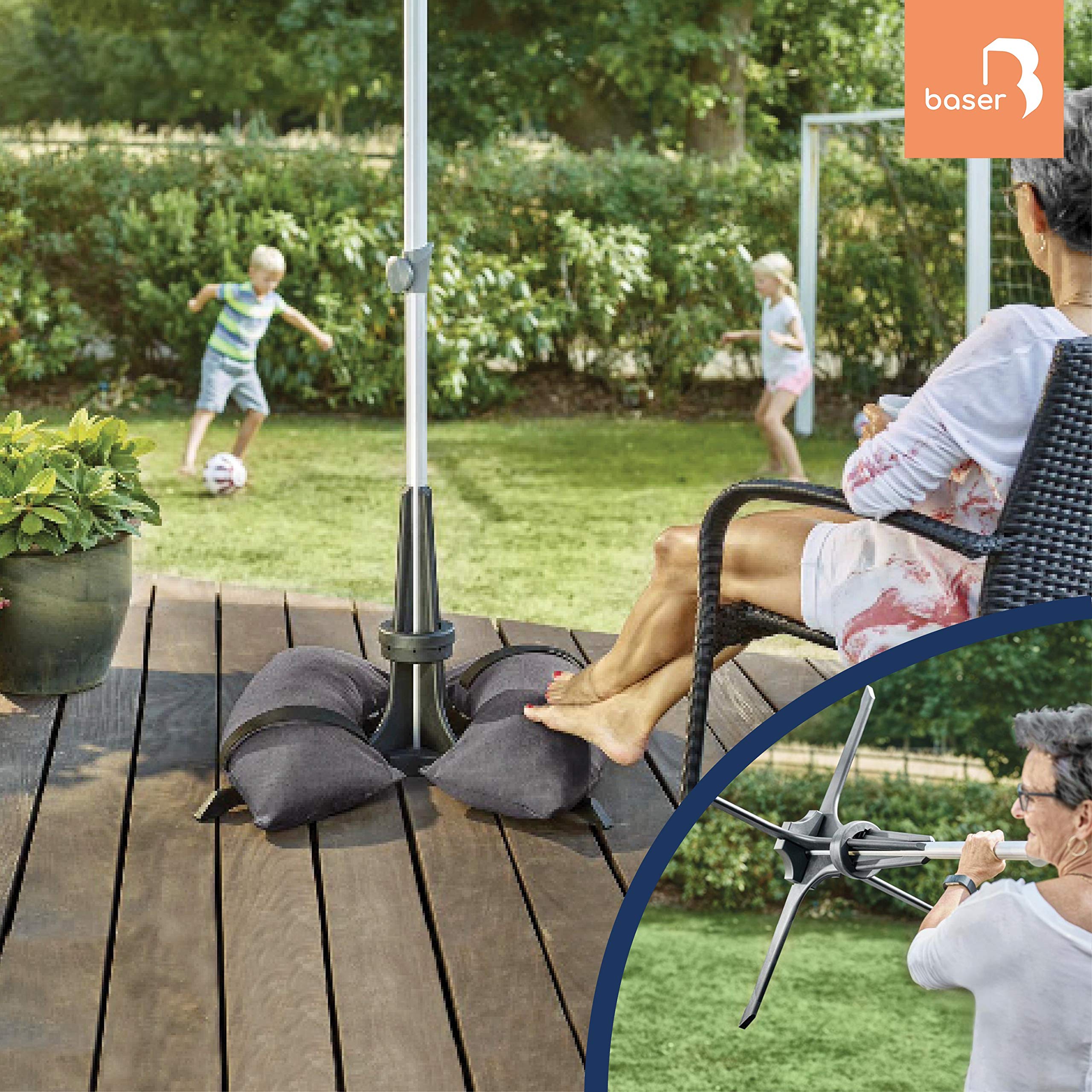 Amazon Com Baser Patio 110 Lbs Umbrella Base With Fillable Sandbags Heavy Duty Umbrella Stand Fits 1 10 2 28 Pole Up To 11 5 Ft Garden Umbrella Easy To Move Alternative To Cast Iron Umbrella Base