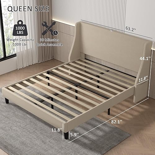 Miniatura 38 de VECELO Base de cama matrimonial con cabecera tapizada con respaldo alado, plataforma resistente con estación de carga y bolsillos laterales, no