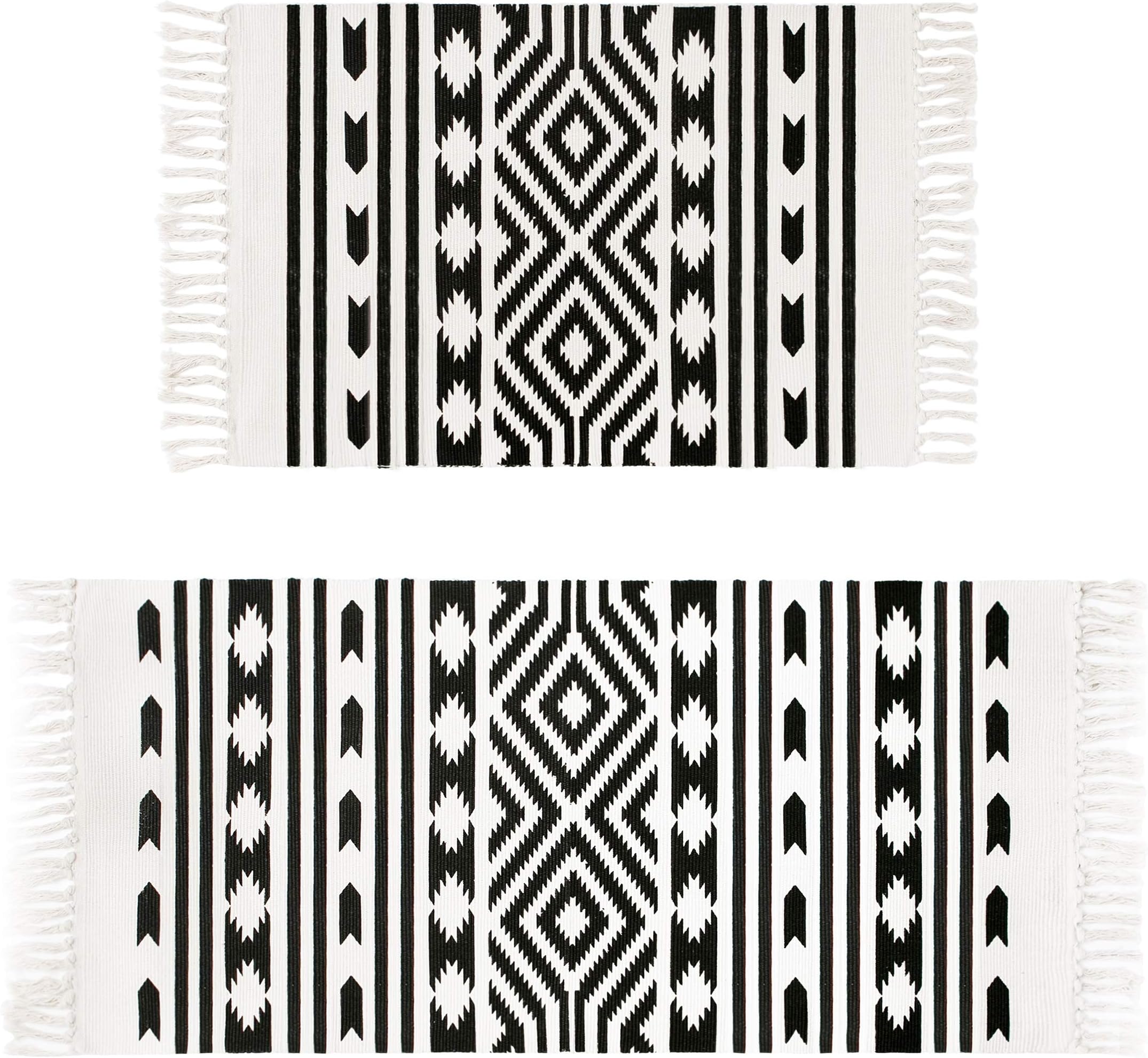 Aonewoe Set of 2 Cotton Area Rugs Geometric Printed Pattern Machine Washable Cotton Rugs with Tassel Hand Woven Cotton Rug Runner for Home Kitchen Living Room 60x90cm+60x130cm