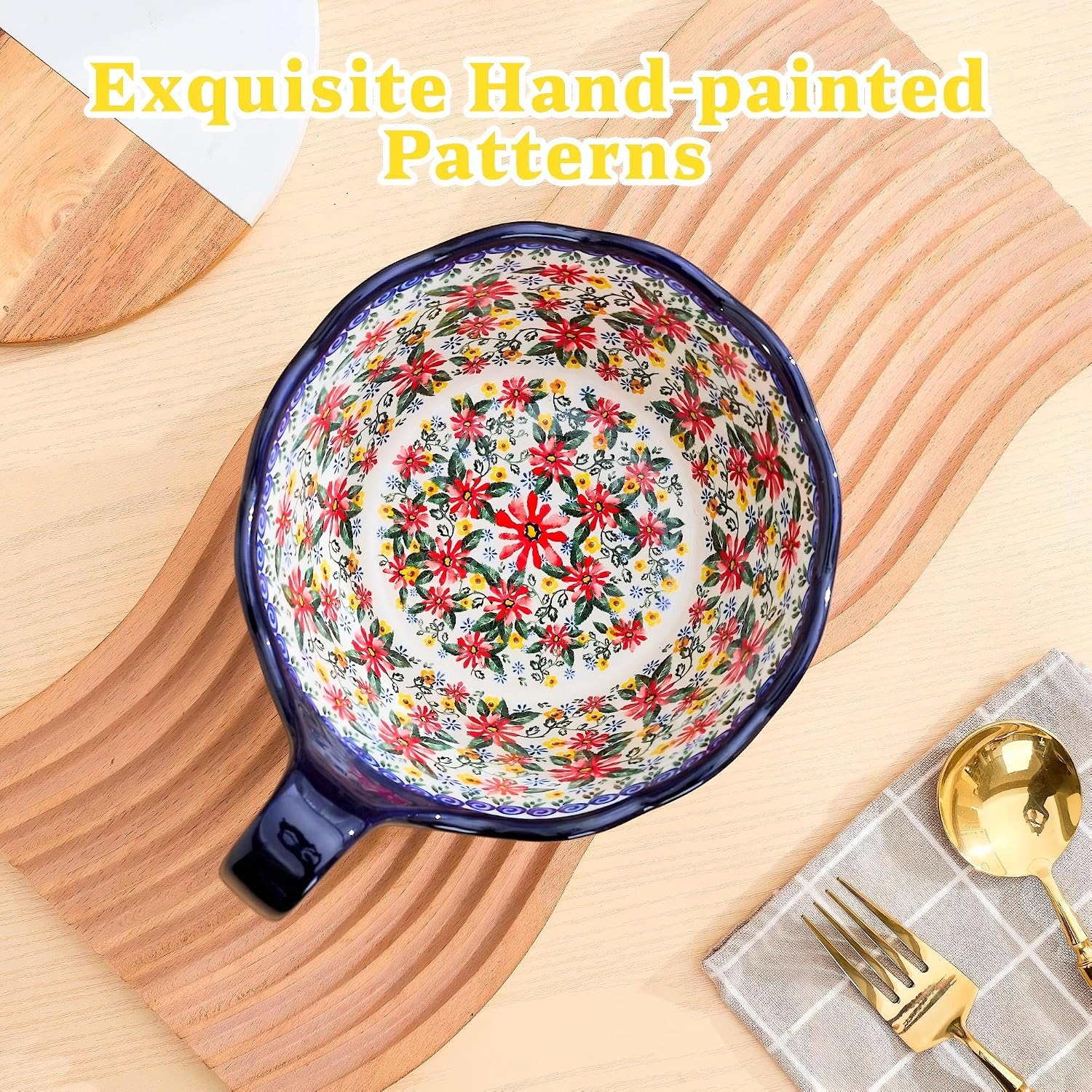 Handpainted Large Soup Bowl with Handle, 34 oz French Onion Soup Bowls Microwave & Oven Safe, Polish Pottery Pasta Bowls, Large Serving Bowl Decorative Bowl for Soup, Stew, Cereal (Chrysanthemum)