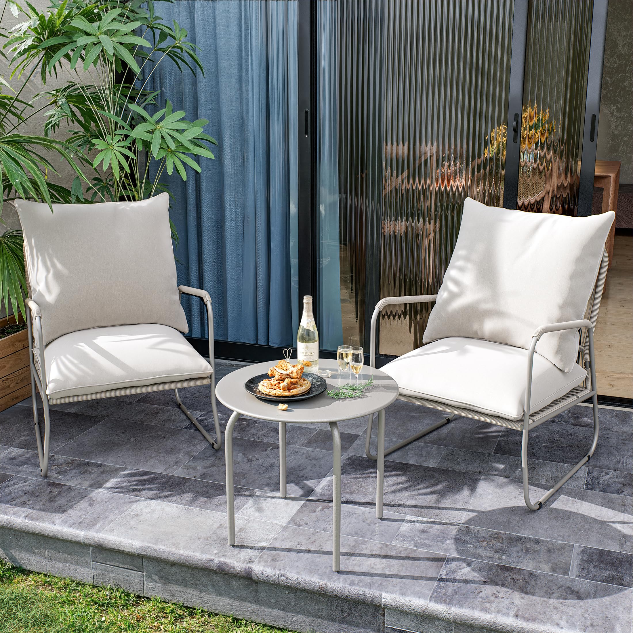 RTDTD 3 Piece Patio Furniture Set, All-Weather Outdoor Conversation Bistro Set, Hand-Woven Rattan Patio Chairs with Cushioned Armchairs and Rust-Proof Metal Side Table for Backyard Balcony Porch,Beige