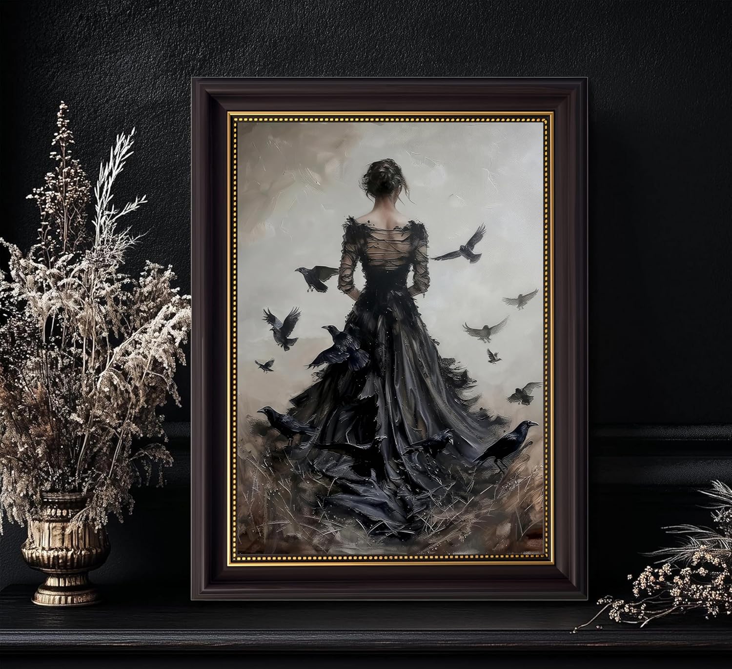 Dark Brown Framed 3D Texture Dark Academia Wall Art Gothic Raven and Woman Painting Picture Wall Decor Victorian Back Women Poster Print Artwork for Living Room Bedroom Home Decoration