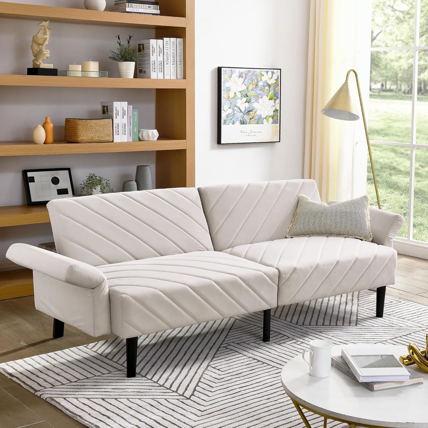 Convertible Velvet Futon Couch with Adjustable Armrests - Mid-Century Modern Folding Sofa Bed for Apartments, Comfortable Recliner with Extended Sleeper Area