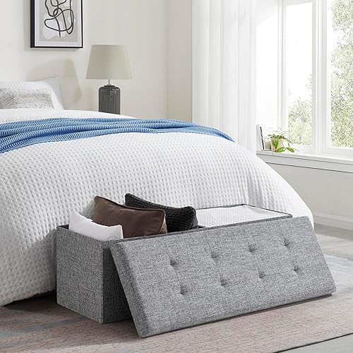 Miniatura 76 de Ornavo Home Otomana plegable de almacenamiento de 15 pulgadas, taburete cuadrado pequeño de almacenamiento, banco de dormitorio, color beige