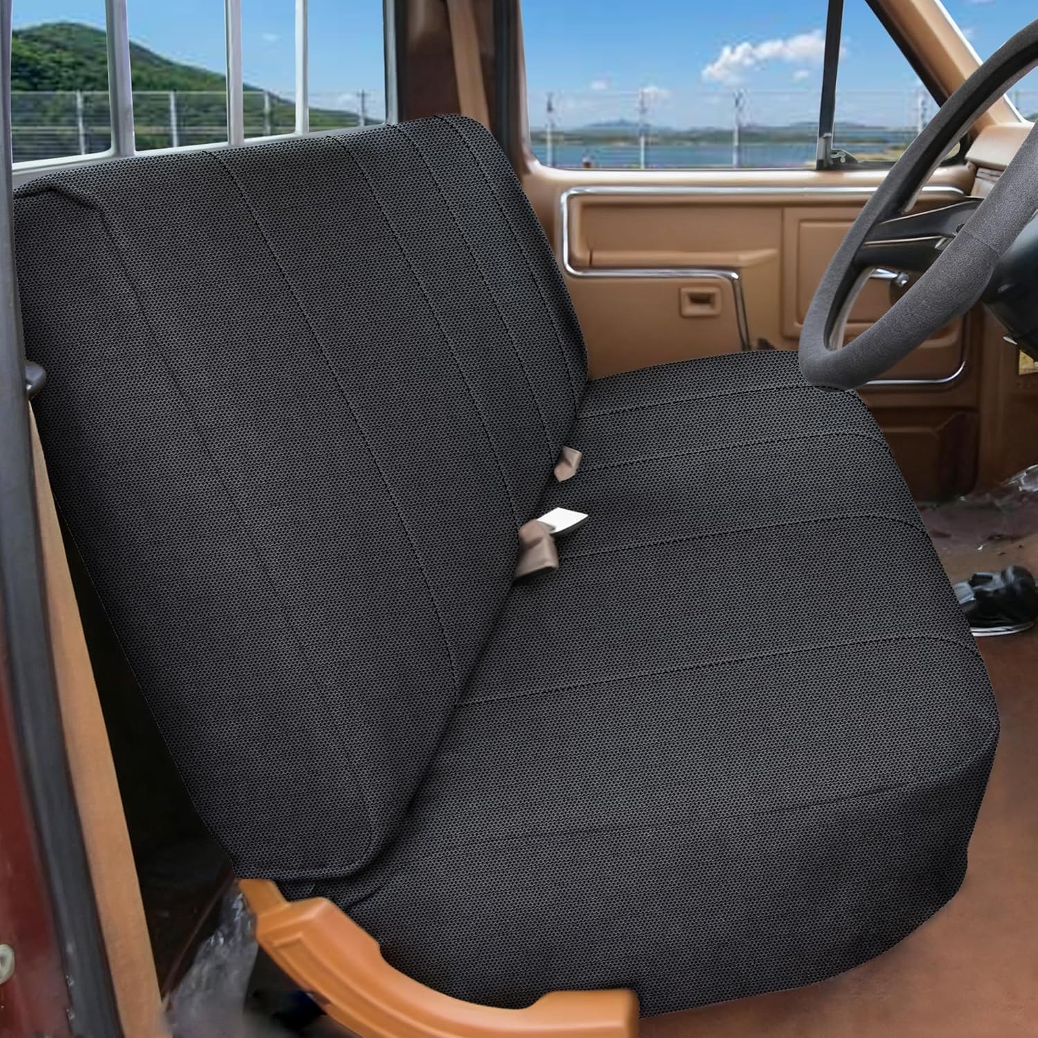 ESMING Universal Heavy-Duty Textured Front Bench Seat Cover for Ford for Chevrolet for Dodge & Full Size Pickup Trucks, Sandwich Fabric, with Storage Pockets - Black