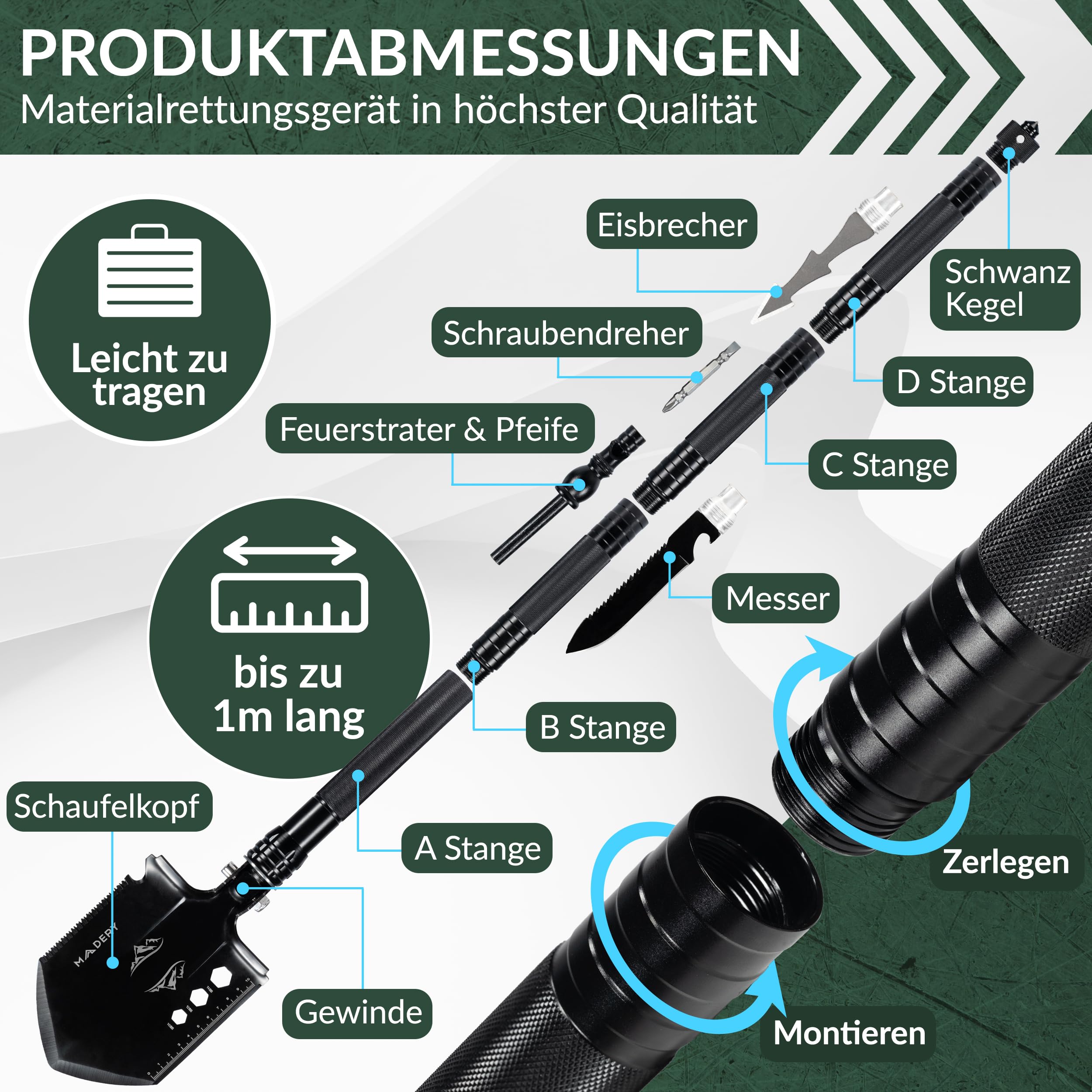 Klappspaten 11-in-1 Edelstahl Survival Schaufel | mit Tasche, für Camping, Auto & Garten, Geschenkidee für Männer