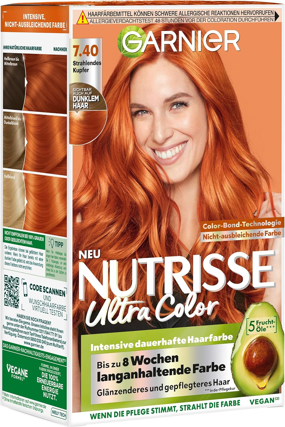 Garnier Nutrisse Nourishing Intensive Coloring with Nourishing Fruit Oils, Coloring with 8 Weeks Posture Colour Sensation Hair Colour, 7.40 Radiant Copper