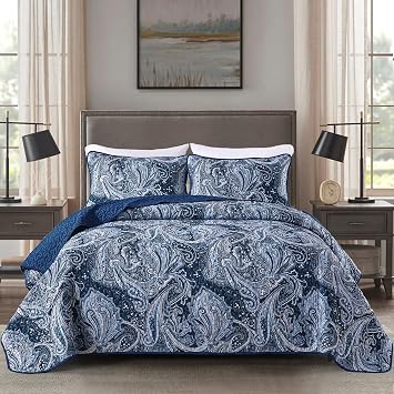 DJY Navy Paisley Quilt Set Queen Boho Bedspread Coverlet Set 3 Pieces, Soft Lightweight Microfiber Navy Blue Paisley Floral Pattern Bedding for All Season, 96"x90"