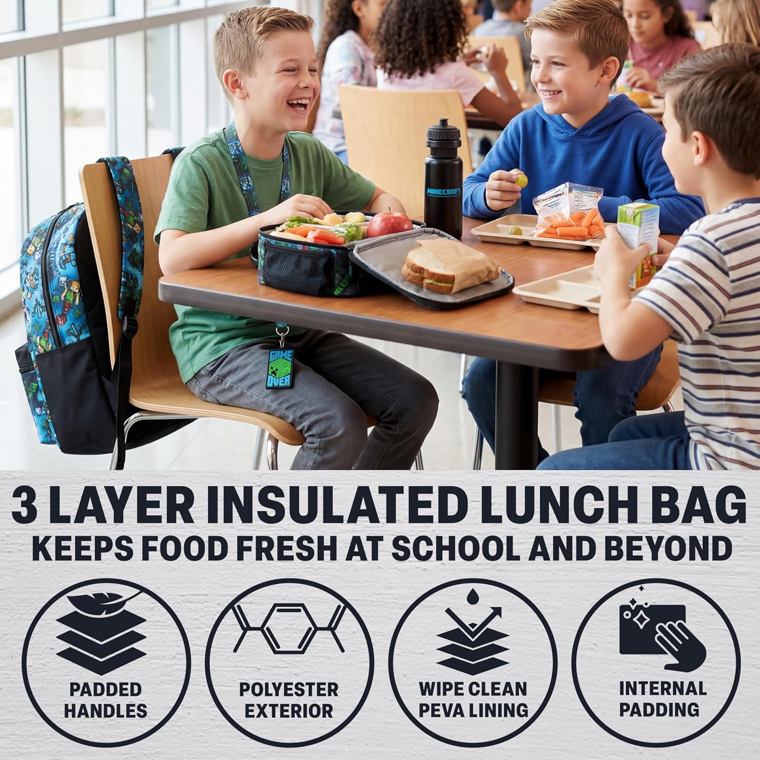 Get Trend Minecraft Kids Backpack Set for Boys with Insulated Lunch Bag, Water Bottle, Lanyard, & Charm, 5 Pc Book Bag with Padded Straps for School, Travel, Creeper Gamer Gifts (Multi Minecraft)