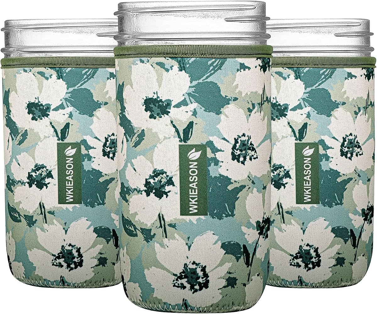 WKieason Wide Mouth Mason Jars Neoprene Sleeve Canning Cover Coolers 24OZ | Non-slip Neoprene Insulated Mason Jar Sleeves, Reusable Cozy Canning Covers Coat Insulator Beverage Holder for Mason Jars