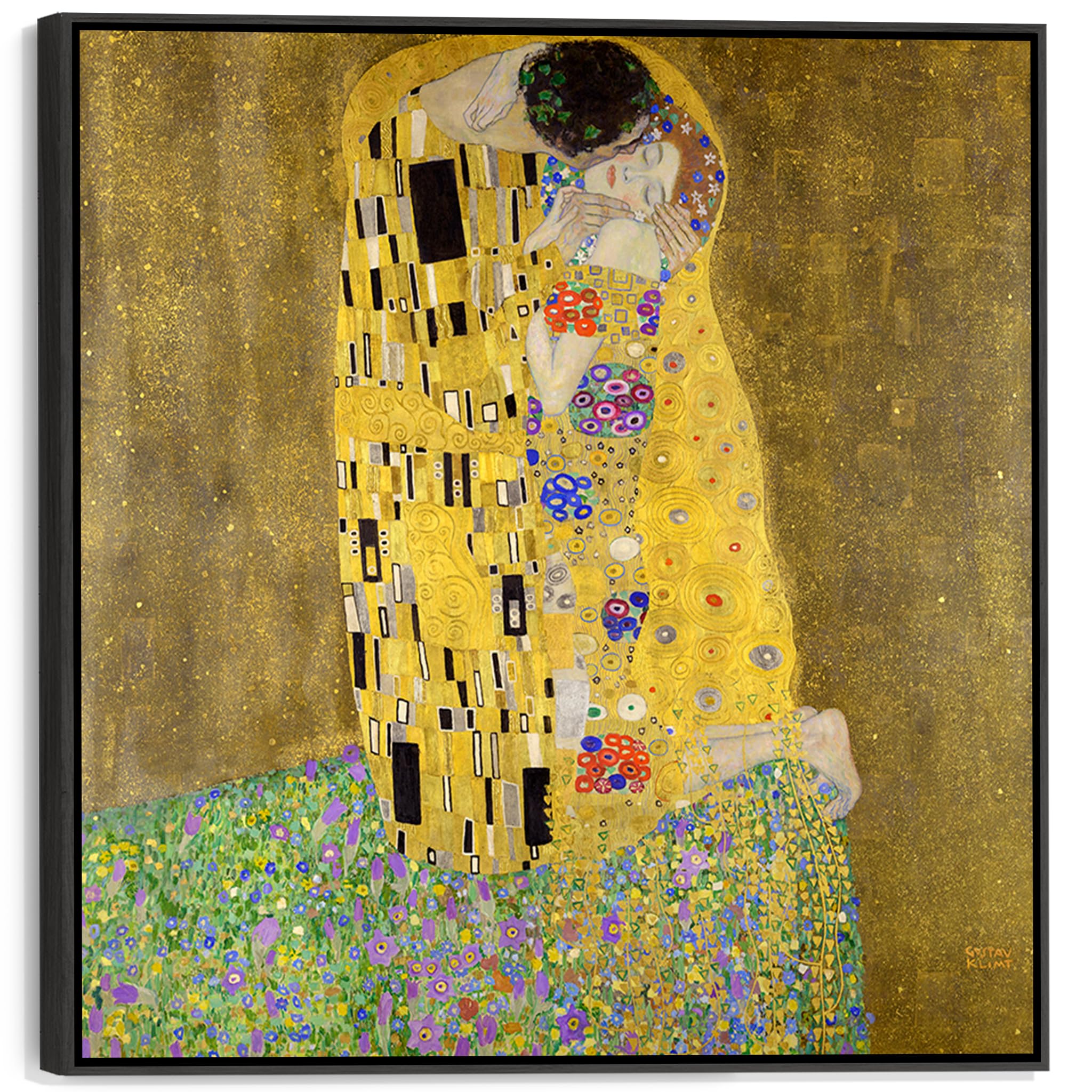 Wallfillers Gold Gustav Klimt Canvas - The Kiss - Large Framed Print From Famous Painting - Ffs2113 - Xl - 100X100cm