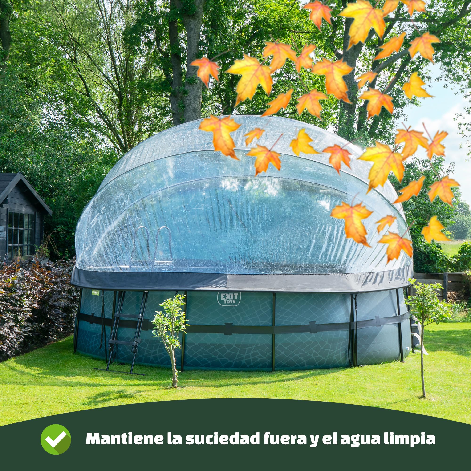 EXIT Toys Wood Pool con Cubierta Multifuncional - ø427x122cm - Piscina de Marco Redondo con Bomba de Filtro de Arena y Escalera de Piscina - Piscina Extra Profunda - Para Agua Limpia y Cálida - Marrón