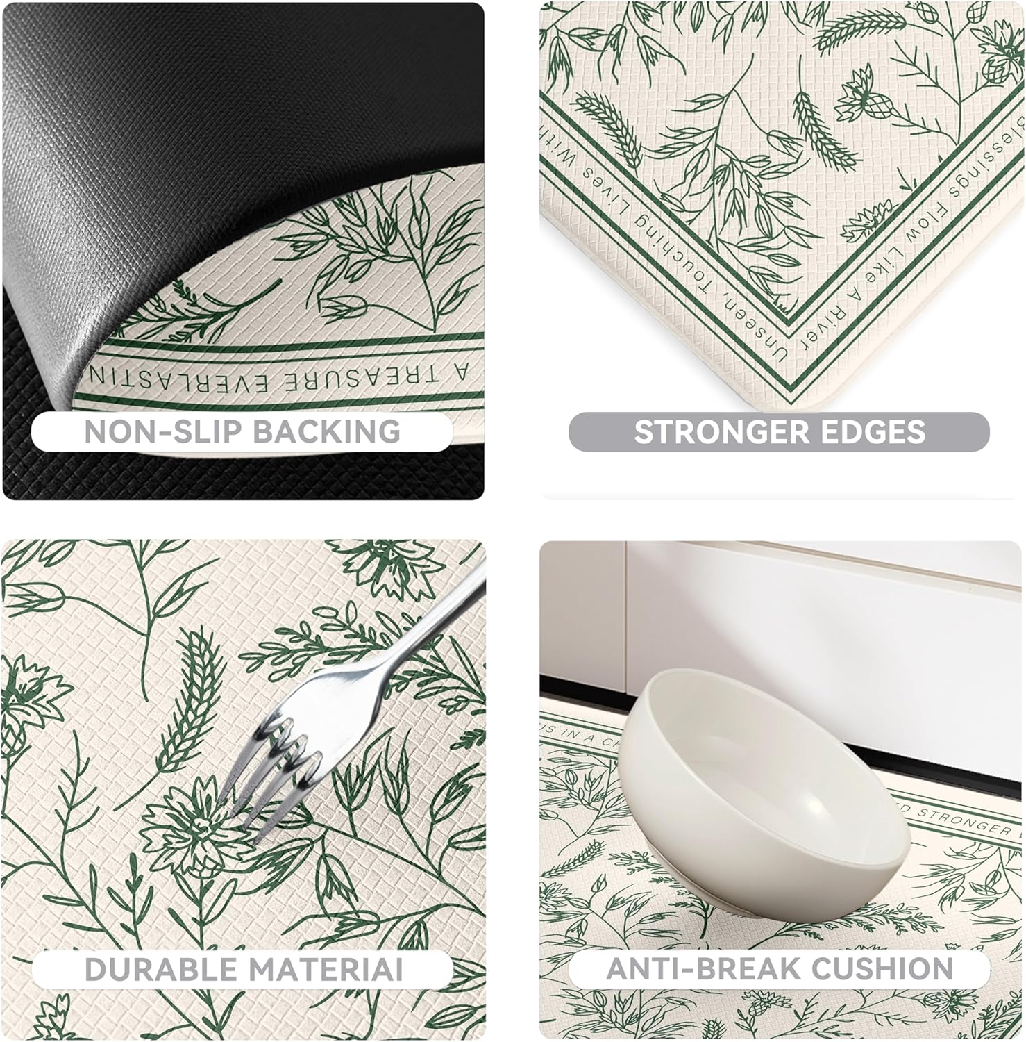 Beige Minimalist Green Line Art Herb Leaves Kitchen Rug Sets [2 PCs], Anti-Fatigue, Waterproof Non-Slip Kitchen Mats Heavy Duty Comfort Foam Rug for Kitchen, Floor, Laundry,17"x29"+17"x47"