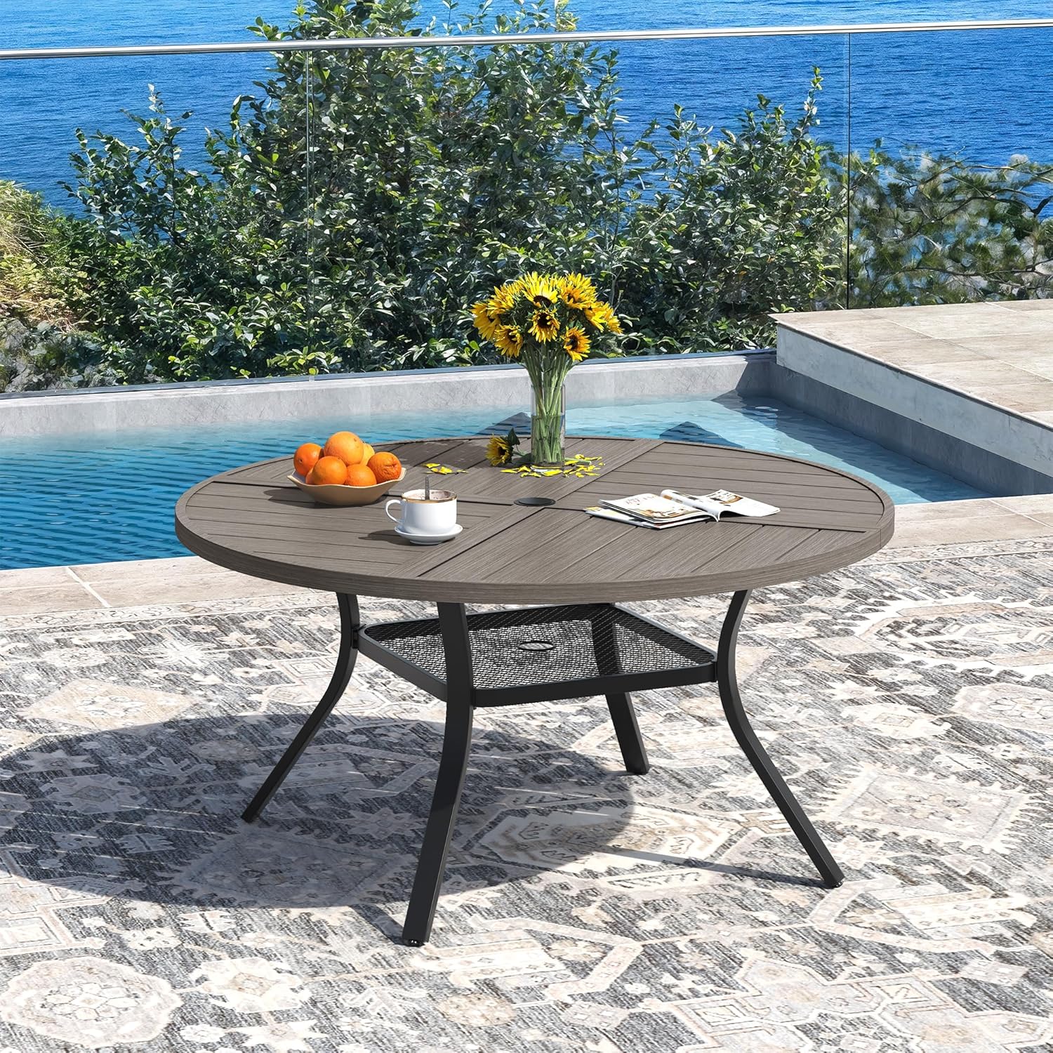 DIFY Patio Dining Set for 6, 7 Piece Outdoor Table and Chairs Set, 47.2" Grey Wood-Like Round Metal Patio Dining Table and 6 Sandshell Textilene Stackable Patio Chairs, for Backyard Garden Poolside