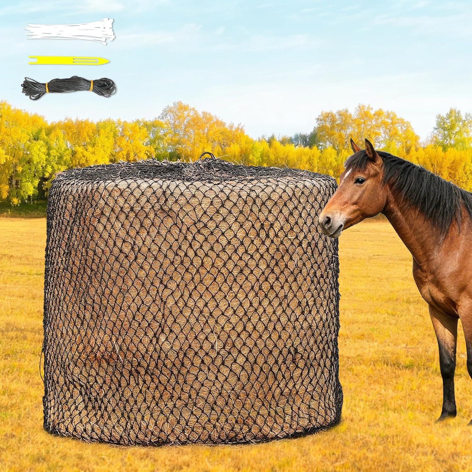 Round Bale Hay Net for Horses,6x6 FT Slow Feeder Hay Nets for Horses, Livestock, Cattle, Goats, Sheep-Nylon Knotless Design-Fits 5x5Ft, 6x6Ft, Large Hay Bales or 3x3x8, 4x4x8 Ft Square Bales