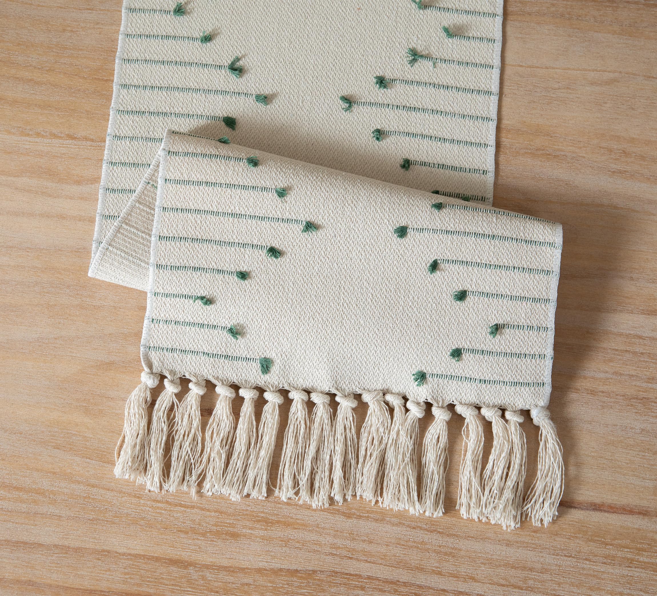 Green Beige Cotton Table Runner - Rustic Boho Style -5