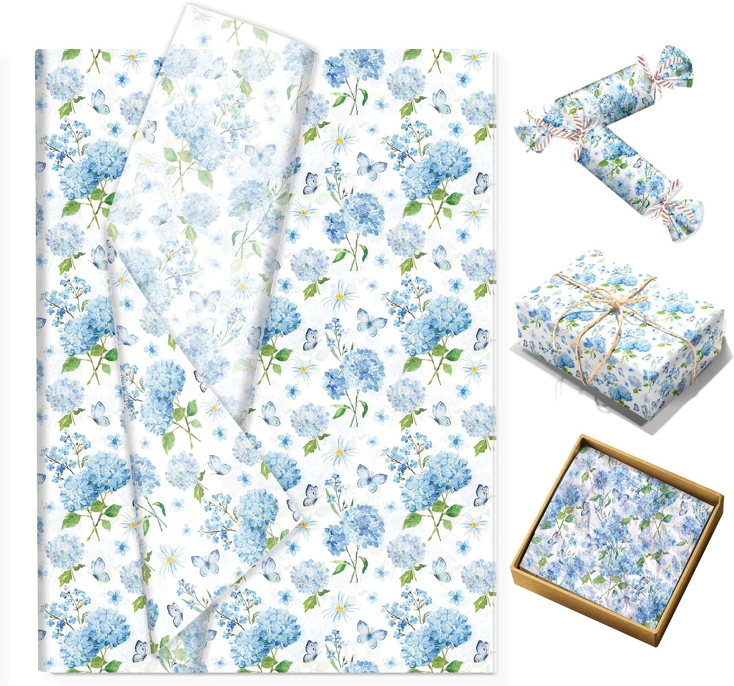 100Sheets Blue Hydrangea Flower Tissue Paper Hydrangea Butterfly Gifts Wrapping Paper DIY Art Wrap Tissue for Birthday Wedding Spring Party Decoration Supplies, 13.8 x 19.7 inches