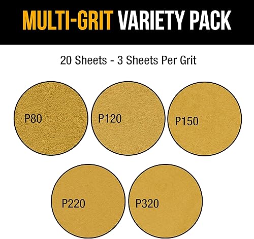Miniatura 4 de Dura-Gold Papel de lija dorado de tamaño de 12 hoja con respaldo de gancho y bucle, 3 cada 80, 120, 150, 220, hojas de lijado de grano 320, 15 en