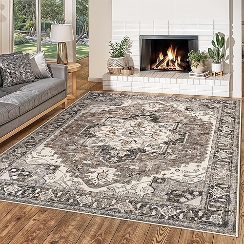 Alfombra lavable para sala de estar, alfombra grande de 8 x 10 pies, envejecida, oriental, antideslizante, no desprende pelusa, para comedor, cocina