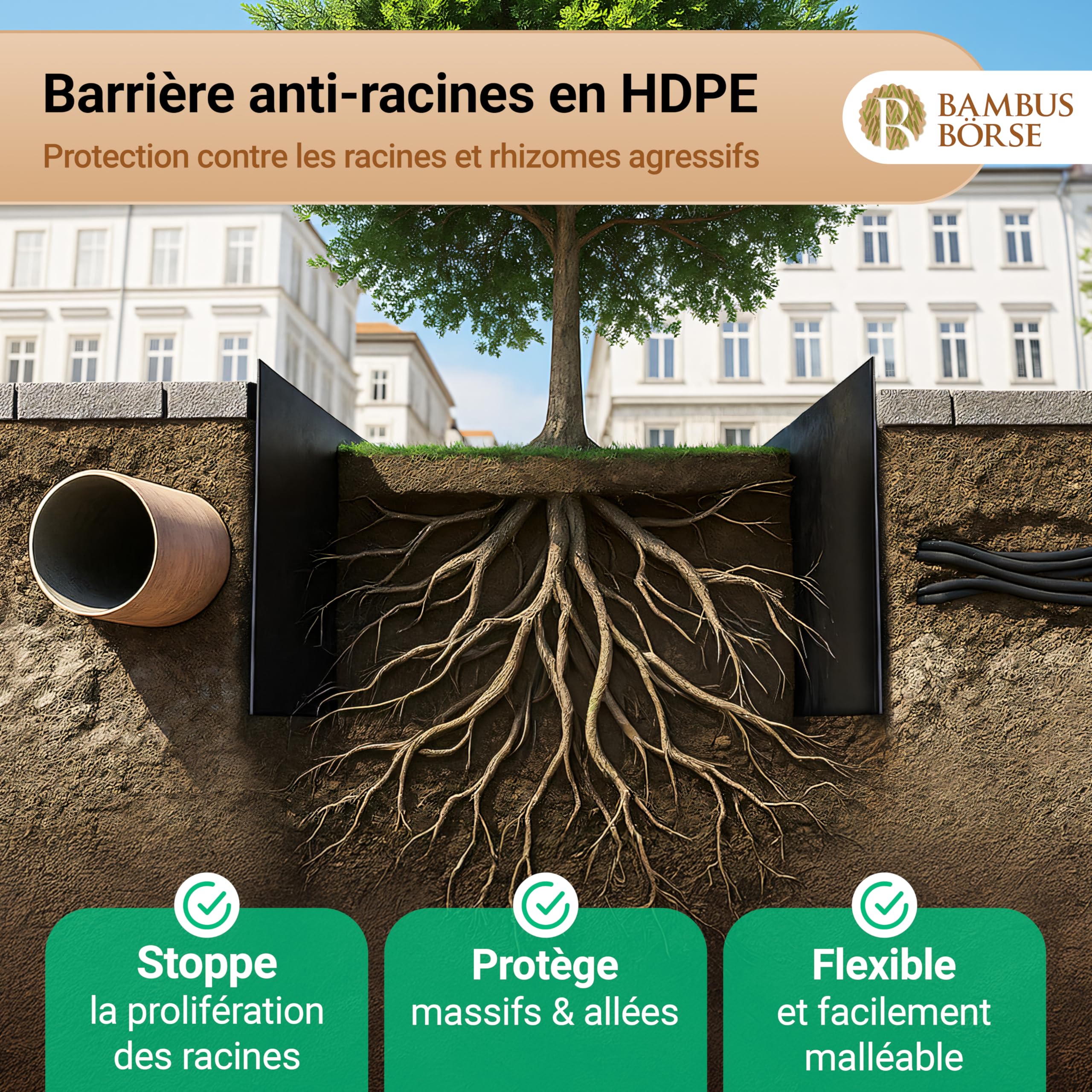 Barrière anti-racines de 70 cm de haut - Barrière anti-rhizomes Épaisseur 2 mm - 20 m de longueur - En HDPE de haute qualité
