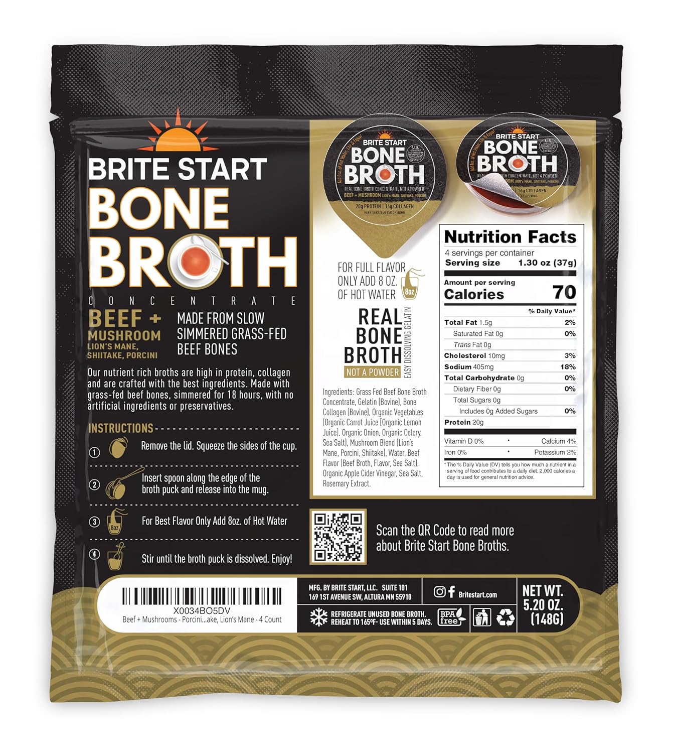 Brite Start beef mushroom bone broth concentrate gel packets, restorative protein, 20g protein, 16g collagen, porcini shiitake lion’s mane, 4 count