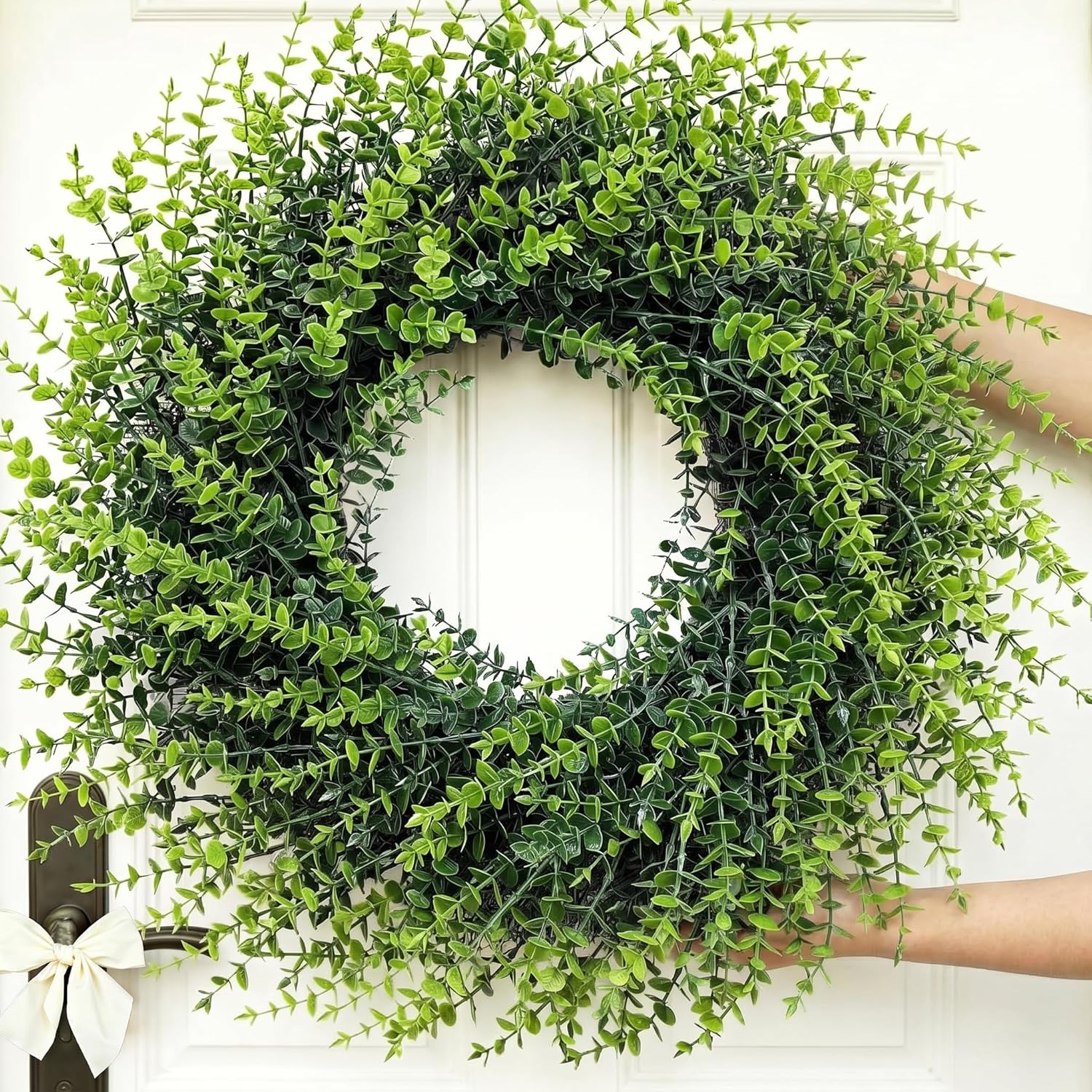 26''Large Artificial Boxwood Wreath for Front Door, All Year Round Greenery Wreath Home Decor Artificial Spring Summer Greenery Hanging for Wall Farmhouse Wedding Indoor Outdoor Decor(Include Ribbon)