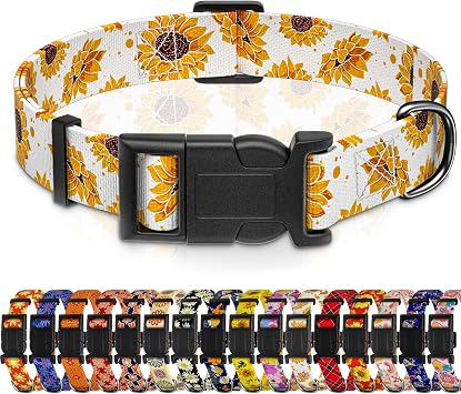 Seyezo Dog Collar, Sunflower Floral Puppy Collar, White Floral, XS | for Boys Girls, Small Medium Large Dogs, Soft Adjustable, Safety Buckle, Male Females, Tear-resistant, Metal D-ring