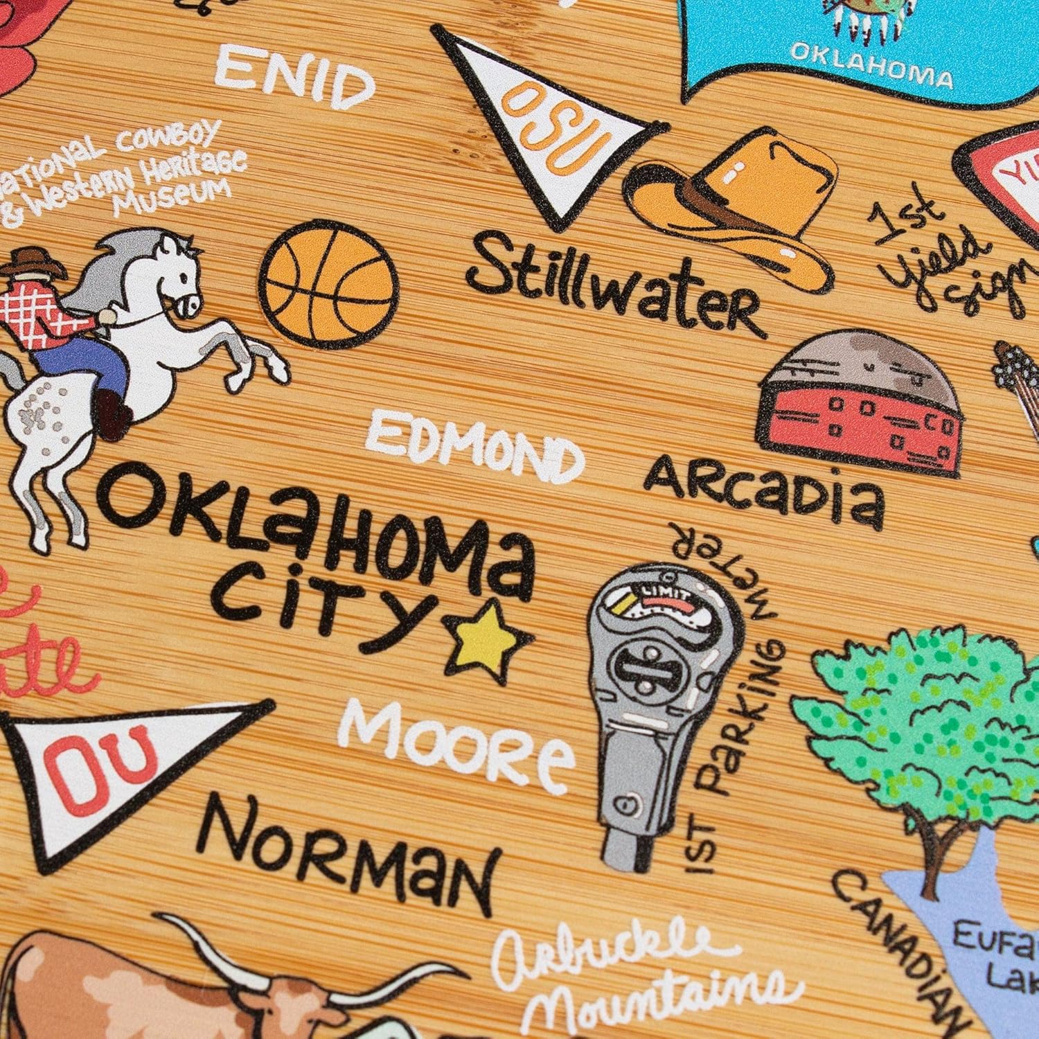 Totally Bamboo Oklahoma State Shaped Cutting Board and Charcuterie Serving Platter with Artwork by Fish Kiss, Includes Hang Tie for Wall Display - Image 2