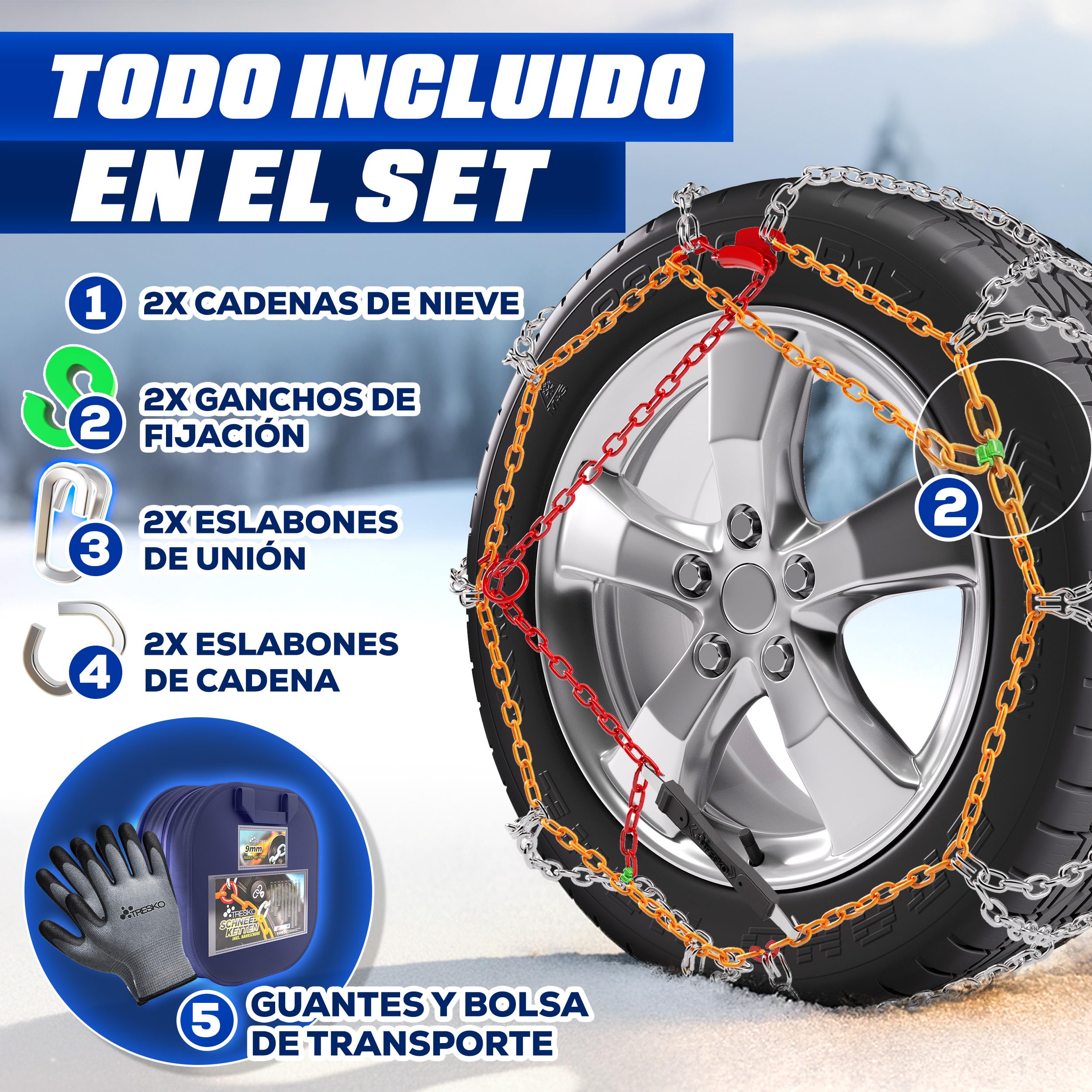 TRESKO 2x Cadenas de nieve para coche, incluye guantes y caja de almacenamiento, cadenas de neumáticos de metal para coches, cadenas de nieve EN 16662-1 & ÖNORM V5117 | Montaje rápido | para delantero