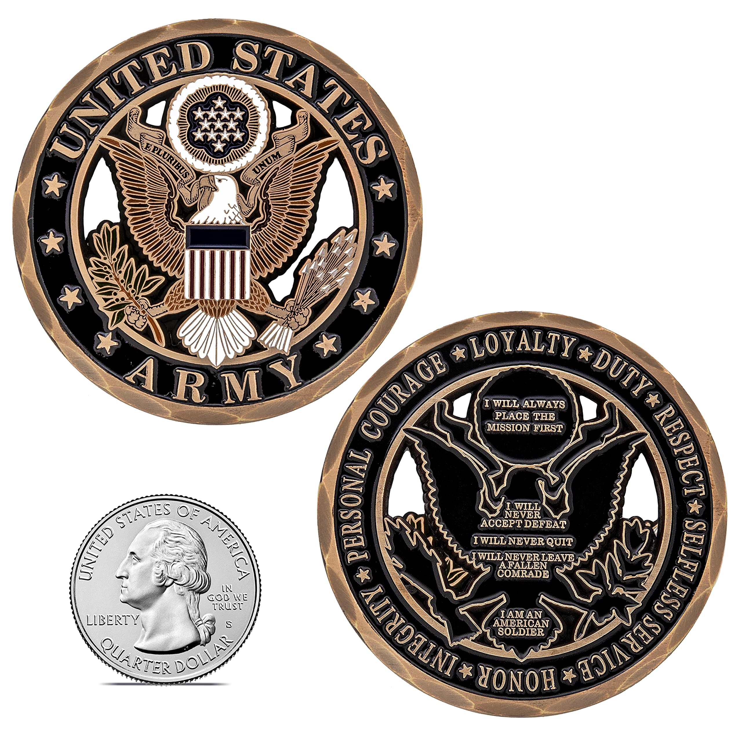 US Army Core Values Challenge Coin - Military Gift For Veterans, Active Duty, Collectors - Loyalty Duty Respect Honor