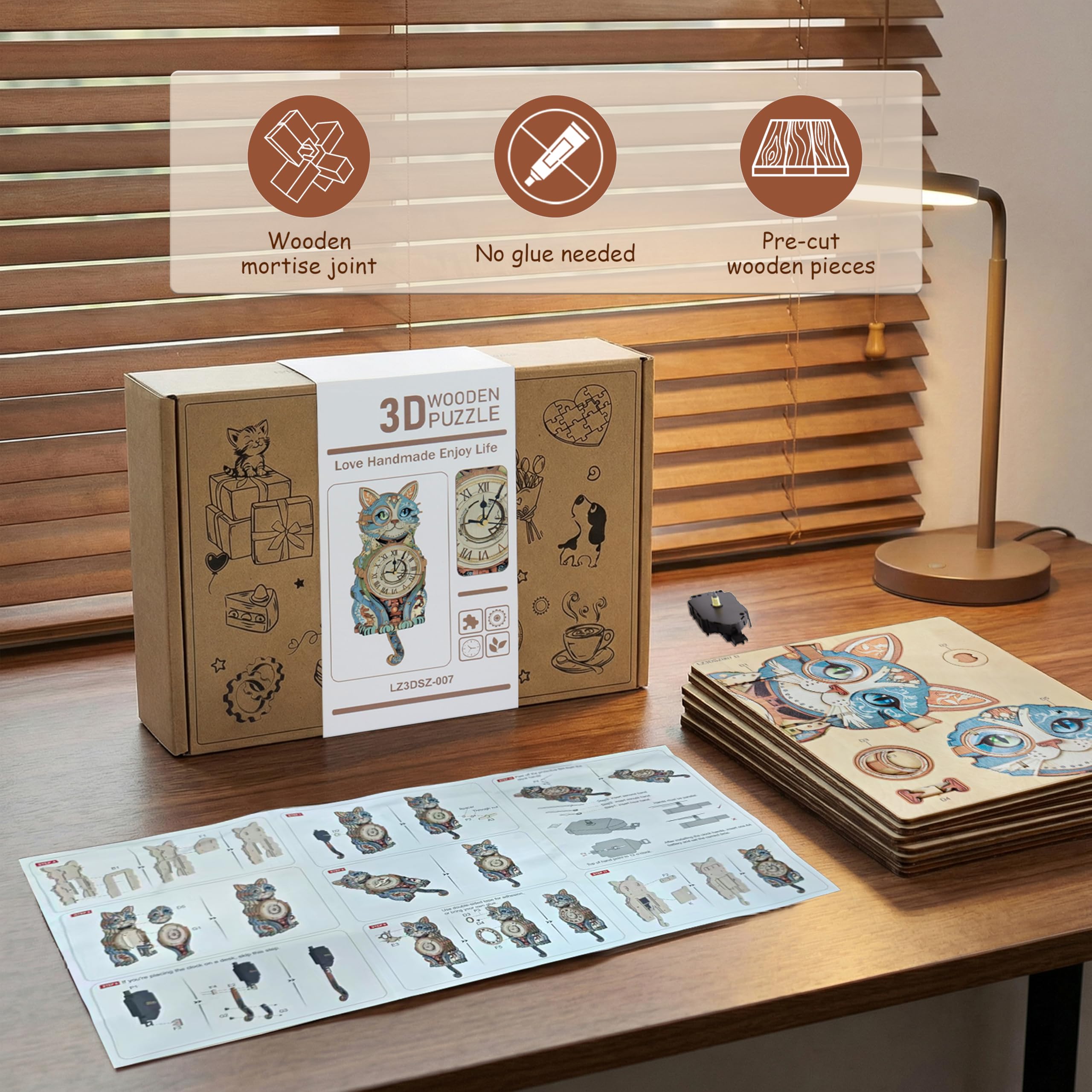 Puzzle in legno 3D per adulti Modello Kit Detective Cat Clock, Kit di costruzione di modelli meccanici Hobby fai da te per donne uomini, orologio da parete vintage puzzle amante dei gatti regali per