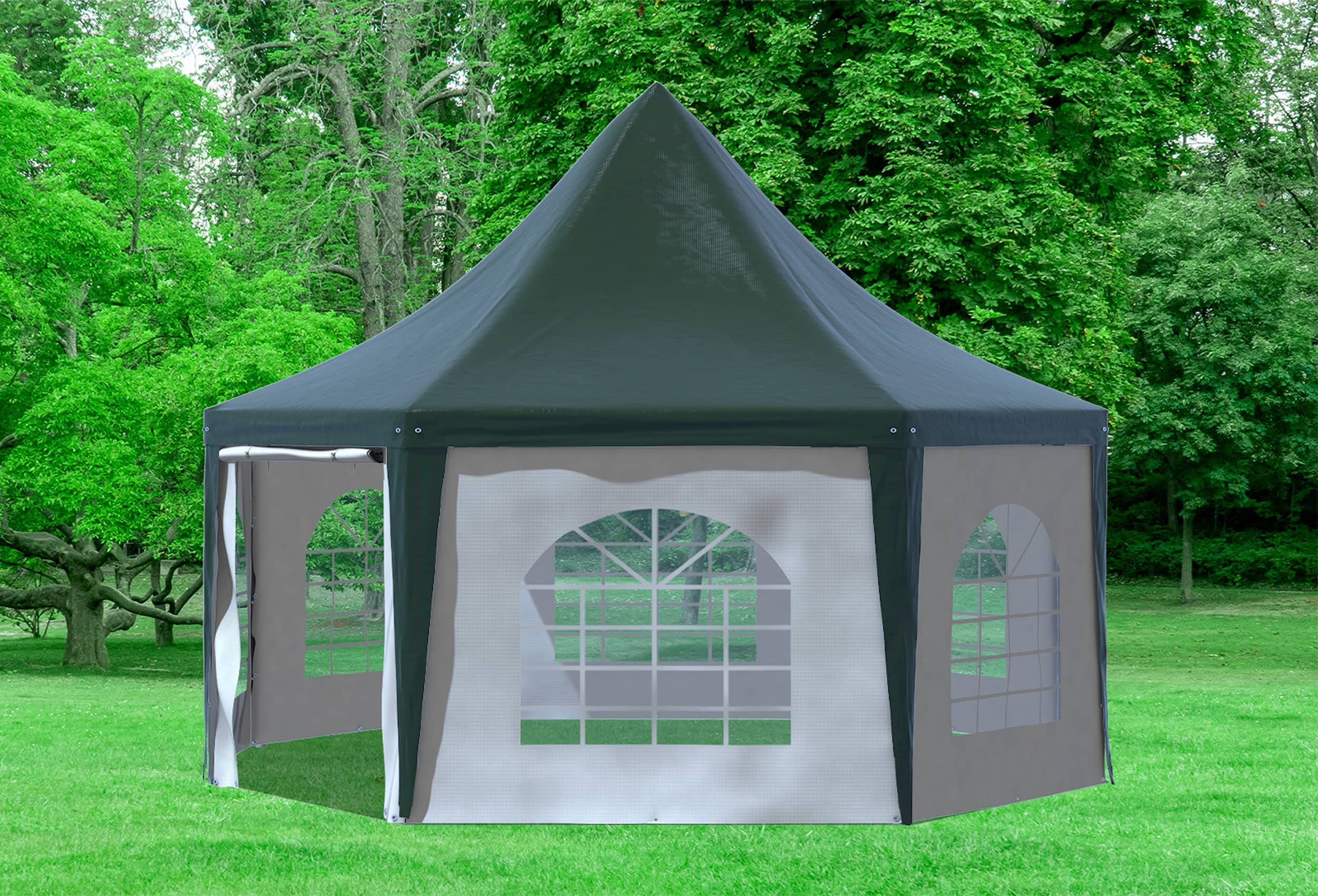 Stabilezelte Gartenpavillon 5x6,8m mit Seitenteilen Arabica Pagodenzelt 8-eck PVC GRÜN Weiss