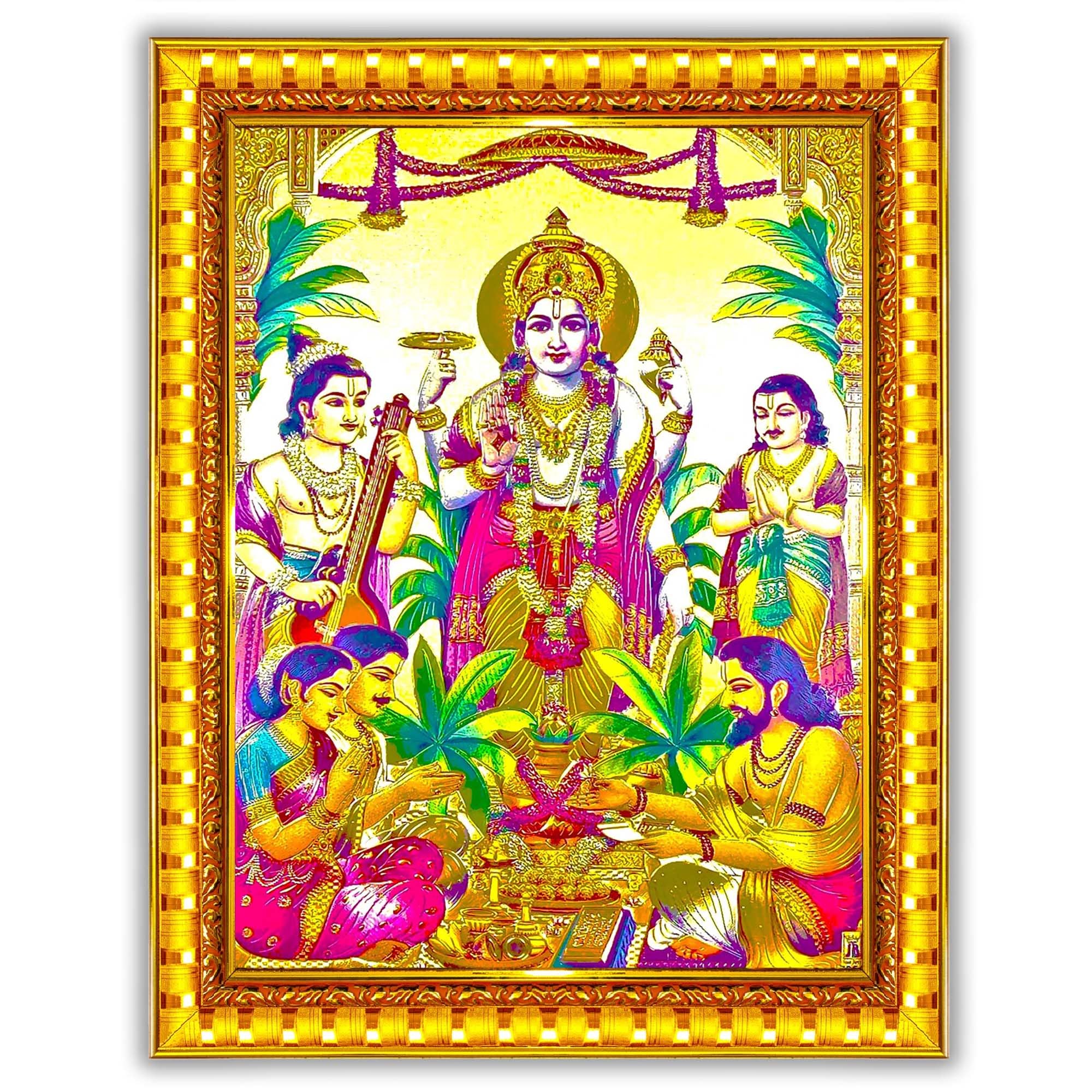 Pavan Photo Laminations Lord Satyanarayana Swamy Bhagwan Satyanarayan Golden Foil Wall Painting Framed (Glass,Wood,Small Size,6 x 8 Inch) G159S
