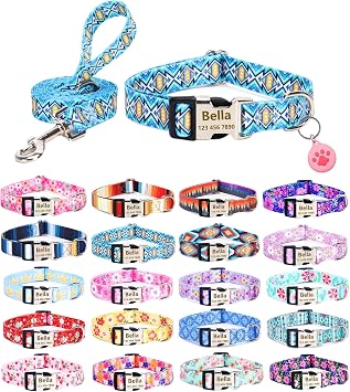 Personalized Custom Customized Dog Collars Leash Airtag Holder Case Set with Engraved ID Name Plate Phone Number for Puppy X-Small Small Medium Large X-Large Boy Girl Dogs-SB Blue Lattice-S