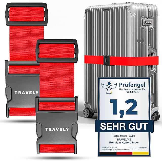 Travely® Pas do walizki premium - wyjątkowo rzucający się w oczy i bezpieczny - w zestawie 2 tabliczki z imieniem - pasek do walizki idealny nad krzyżem - [zestaw 2 szt.] - czerwony