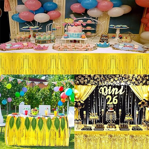 Miniatura 25 de Paquete de 2 faldas de mesa de oropel con flecos metálicos de 29.5 x 108 pulgadas para mesas rectangulares, falda de mesa de fiesta para bodas