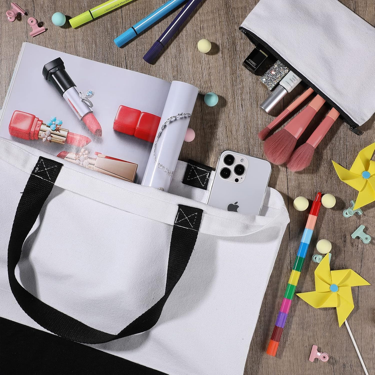 Reginary 16 Pieces Canvas Tote Bag Bulk Sublimation Blank Large Reusable Grocery Shopping Bags and Makeup Pouch Case with Zipper for Women DIY Gift Craft Cosmetic School Travel Supplies