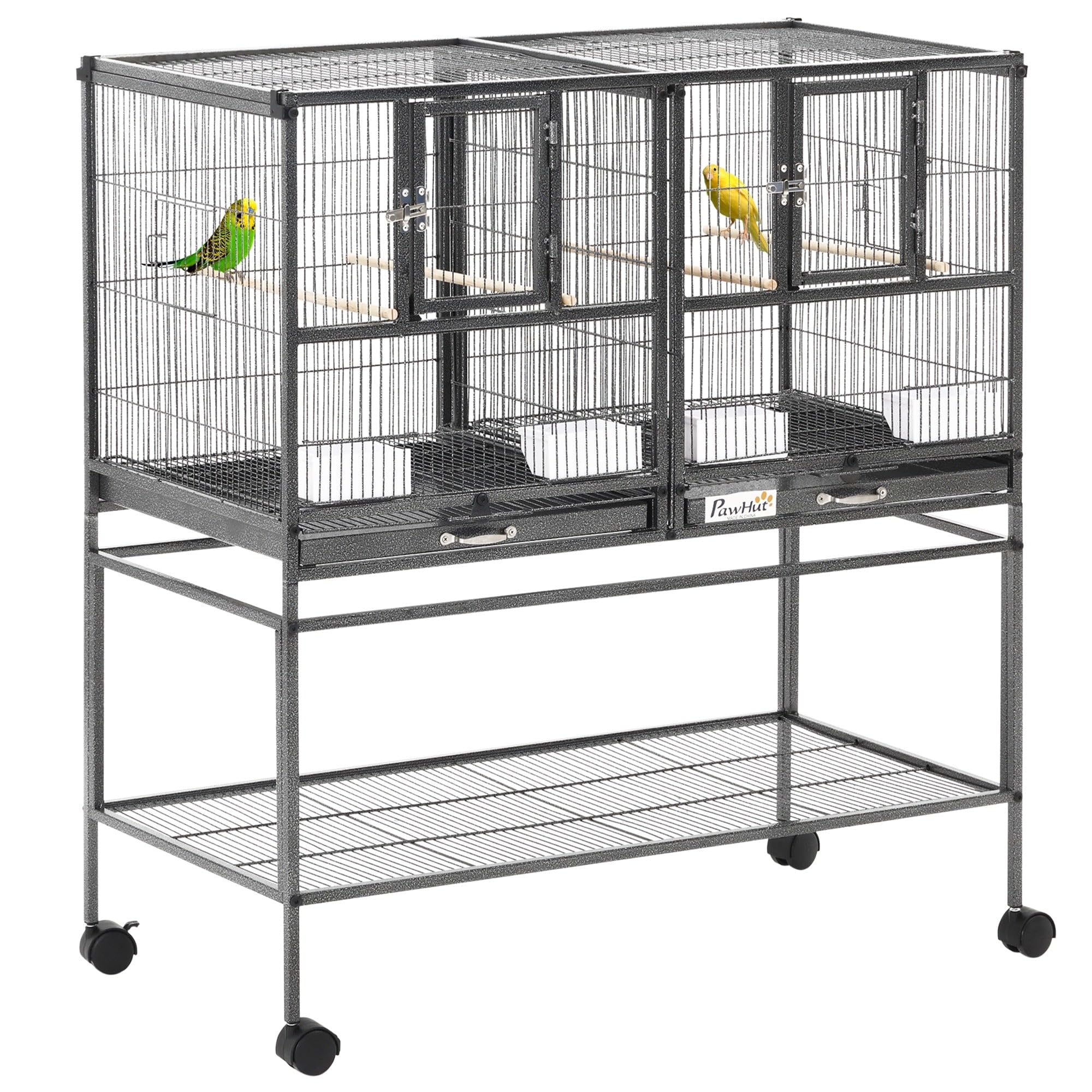 21_0007563 Vogelkäfig auf Fuß, doppelt, 95 x 45,5 x 102 cm, herausnehmbare Trennwand und ausziehbare Platte aus Metall, Schwarz