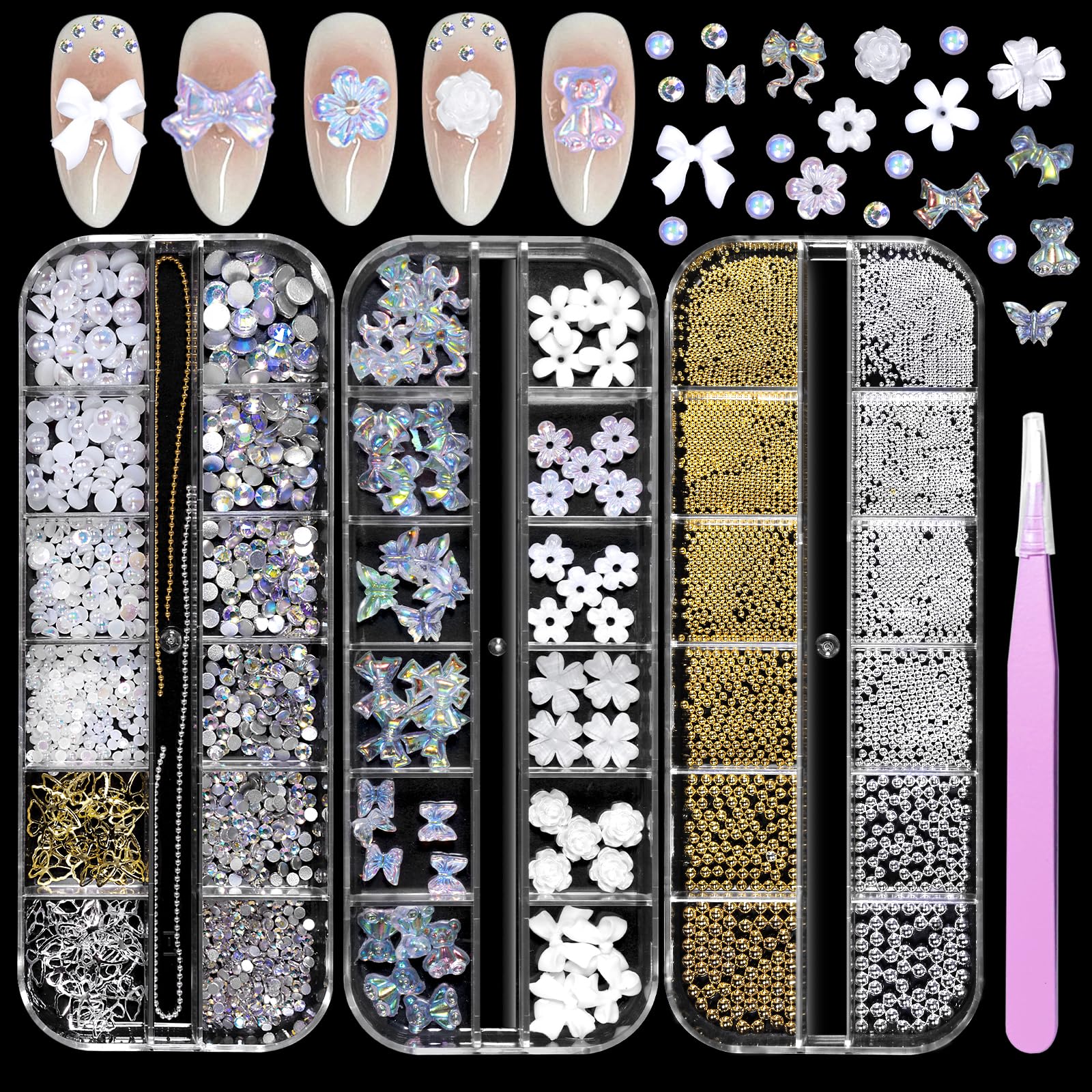 3 Boxes 3D Flowers Bows Nail Art Charms, White Flower Butterfly Nail Charms Nail Bows for Acrylic Nails, Gold Silver Caviar Beads Pearl for Nails Nail Gems Rhinestones for Manicure Craft DIY