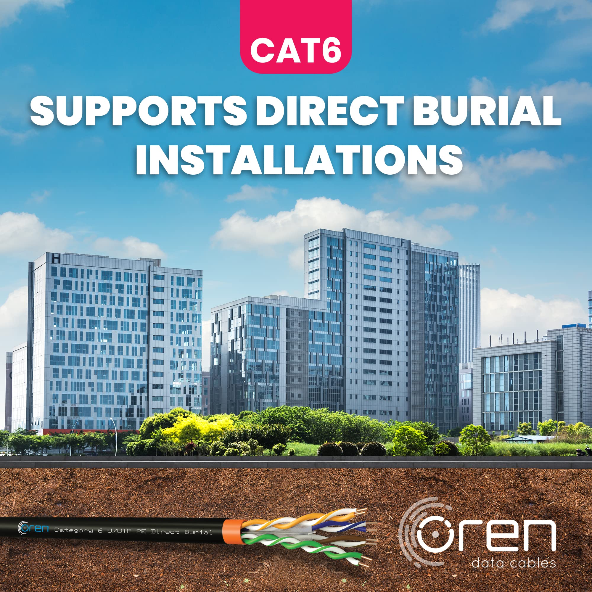 Oren CAT6 Ethernet Kabel 100m für den Außenbereich – Direkte Erdverlegung – 23 AWG Reiner Kupferdraht – 400 MHz Bandbreite UTP, Internet, LAN, Netzwerkkabel – halogenfrei, nicht korrosiv – Gigabit