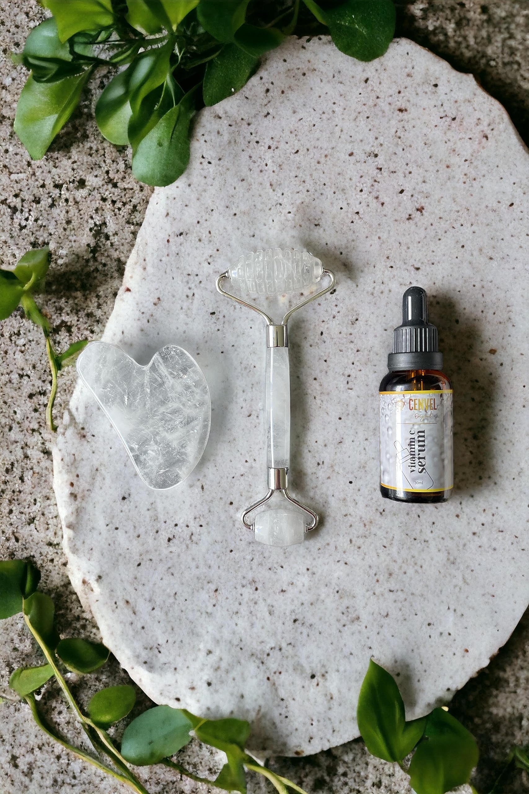 Juego de rodillo de piedra de jade de cristal 100% real y gua sha con suero de vitamina C, ideal para tratamiento de hinchazón de ojos, estiramiento de la piel, antienvejecimiento, rejuvenece cara y