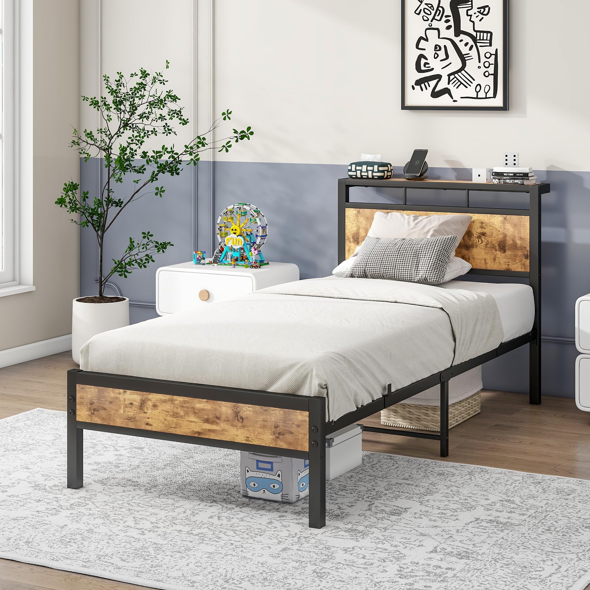 Cadre de lit Simple Noir avec étagère en Bois