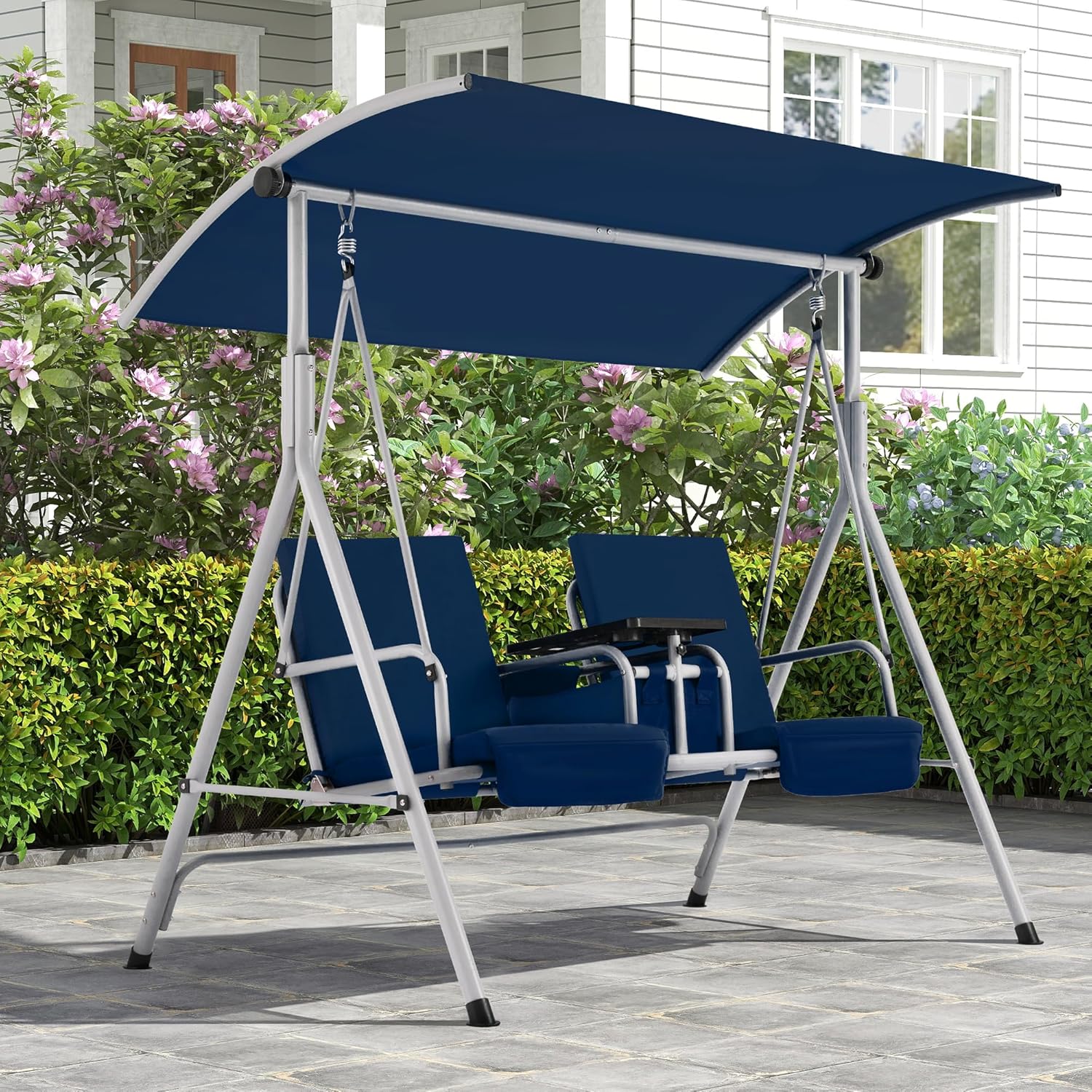 HOMREST 2 Seat Outdoor Porch Swing,Patio Swing with Adjustable Canopy, Heavy Duty 650 LBS Outdoor Swing with Pivot Storage Table & 2 Cup Holders & Cushions for Yard, Lawn, Backyard, Navy Blue
