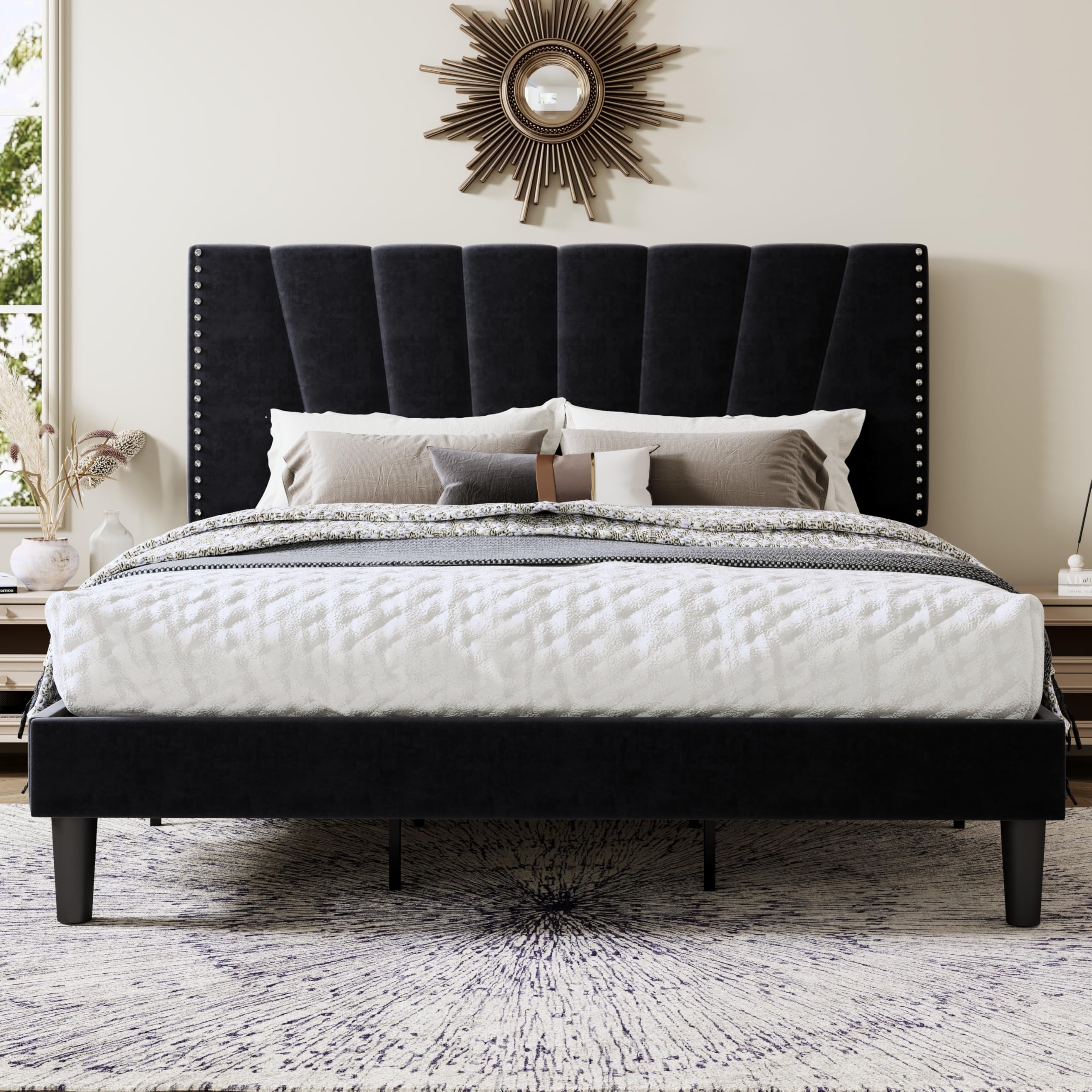 Allewie King Size Velvet Platform Bed Frame with Adjustable Headboard Black